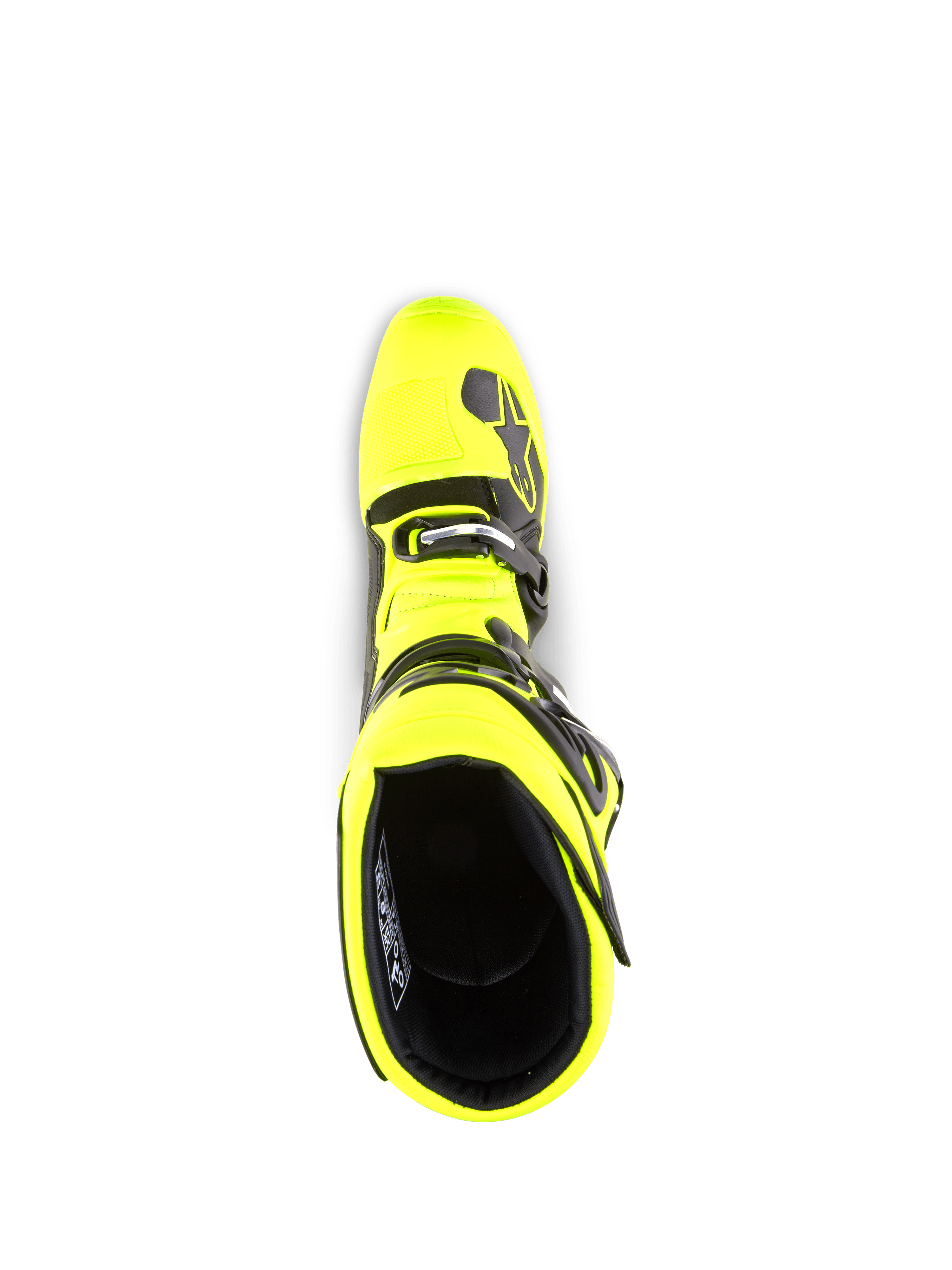 Stivali Alpinestars Tech 5, stivali da motocross, giallo fluo e nero, vista dall'alto dell'apertura dello stivale, fodera interna nera, sistema di chiusura a fibbia e dettagli del marchio, progettati per prestazioni off-road