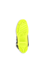 Stivali Alpinestars Tech 5, stivali da motocross, giallo fluo, vista inferiore della suola caratterizzata da una trama testurizzata ad alta aderenza, logo e marchio Alpinestars in rilievo, costruzione durevole a doppia mescola per la guida off-road