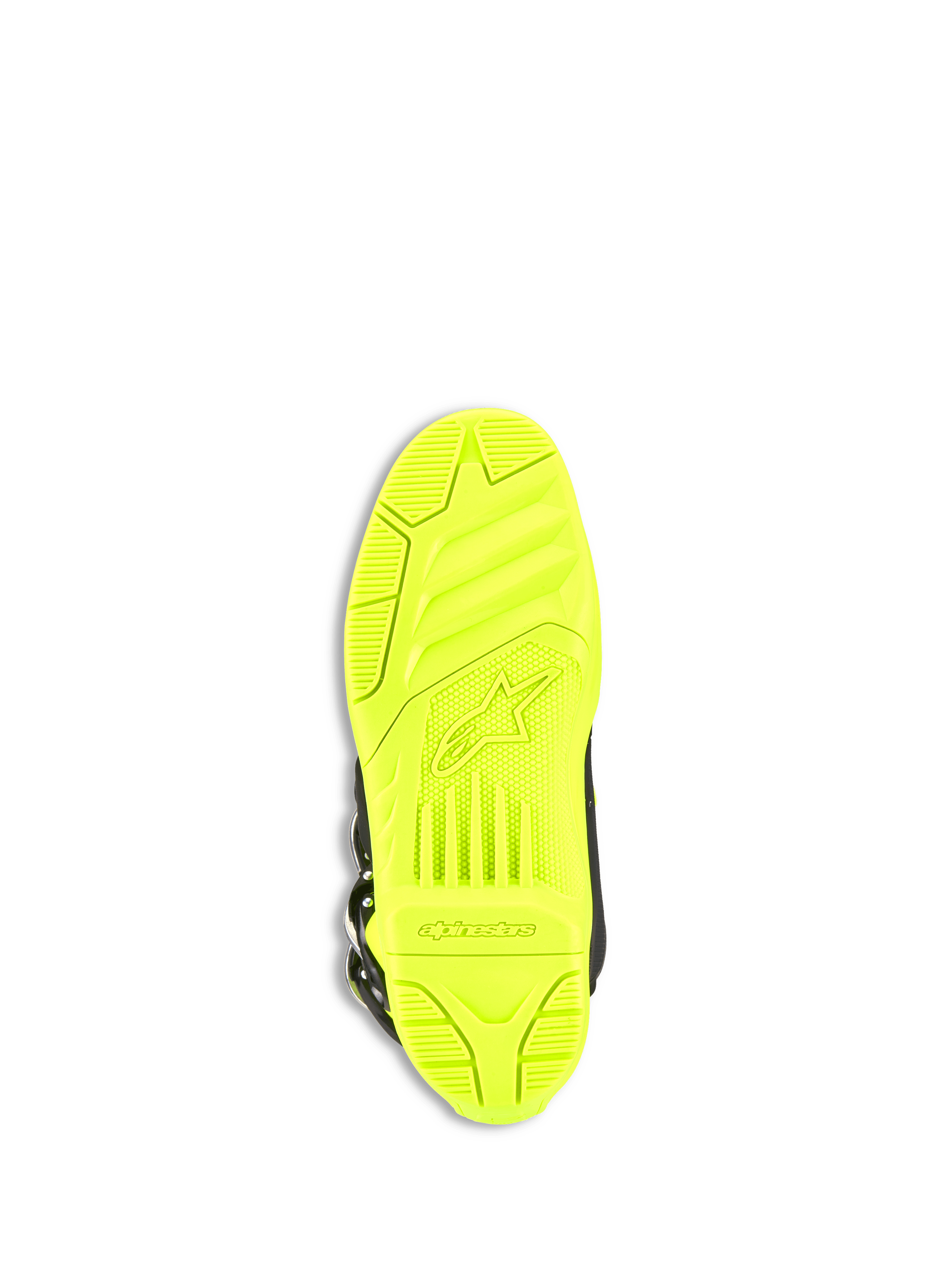 Stivali Alpinestars Tech 5, stivali da motocross, giallo fluo, vista inferiore della suola caratterizzata da una trama testurizzata ad alta aderenza, logo e marchio Alpinestars in rilievo, costruzione durevole a doppia mescola per la guida off-road