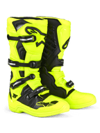 Stivali Alpinestars Tech 5, stivali da motocross, giallo fluo e nero, con sistema di chiusura a fibbie multiple e componenti argentati, pannelli protettivi neri e loghi Alpinestars su parastinchi e punta, progettati per prestazioni off-road.