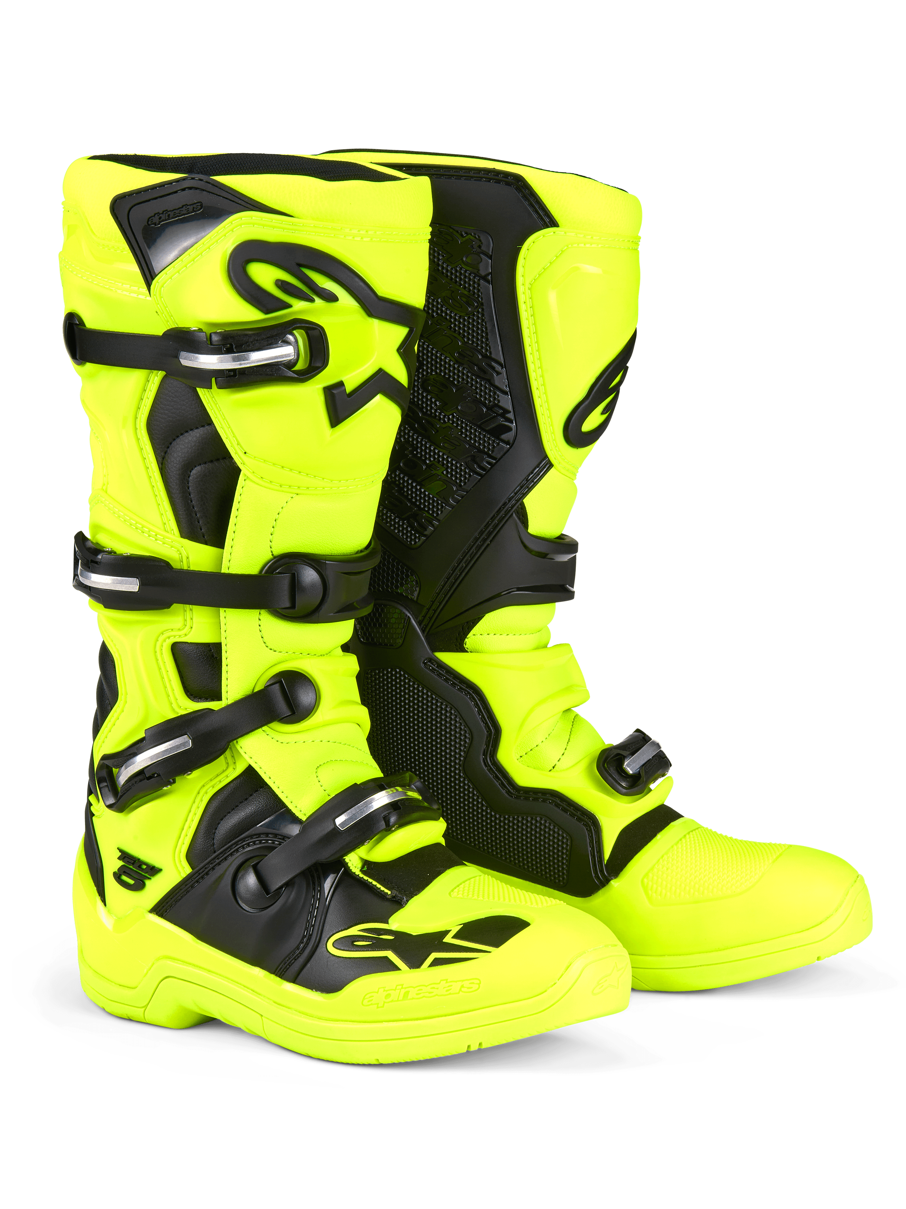 Stivali Alpinestars Tech 5, stivali da motocross, giallo fluo e nero, con sistema di chiusura a fibbie multiple e componenti argentati, pannelli protettivi neri e loghi Alpinestars su parastinchi e punta, progettati per prestazioni off-road.