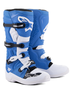 Stivali Alpinestars Tech 5, stivali da motocross e off-road, blu e bianco, costruzione multi-materiale con quattro fibbie bianche e nere, piastra tibiale bianca con grande logo Astars e suola bianca resistente.