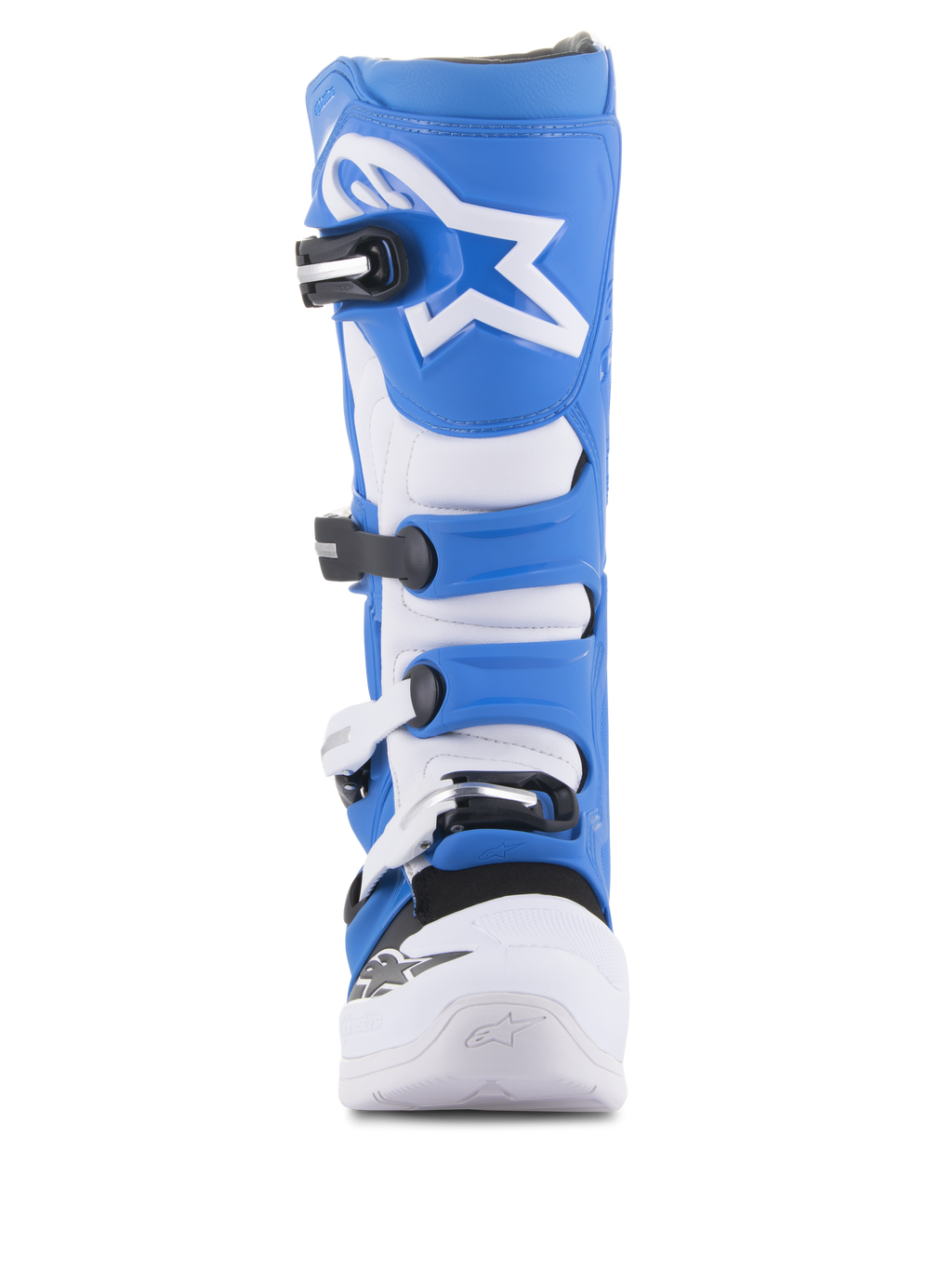 Stivali Alpinestars Tech 5, stivali da motocross, blu e bianco, vista frontale, dotati di sistema di chiusura a quattro fibbie, logo Alpinestars a stella bianco sulla placca tibiale blu e telaio in microfibra resistente con punta bianca rinforzata.