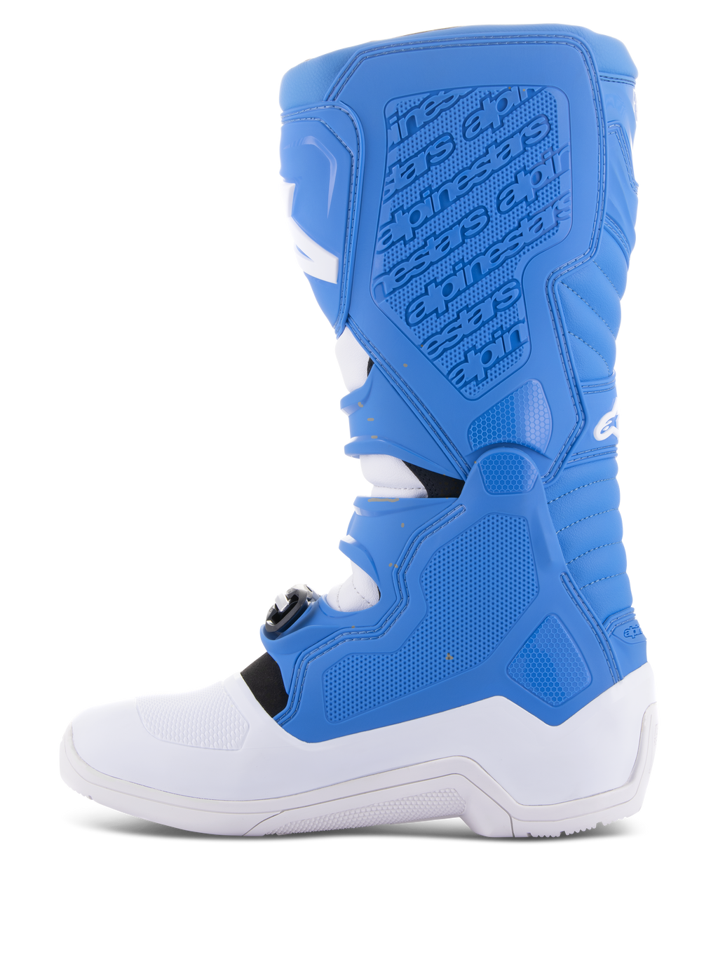 Alpinestars Tech 5 Boots, stivali da motocross, blu e bianco, profilo laterale che mostra il pannello mediale con logo in rilievo, superfici con grip testurizzato e suola bianca resistente per la protezione fuoristrada