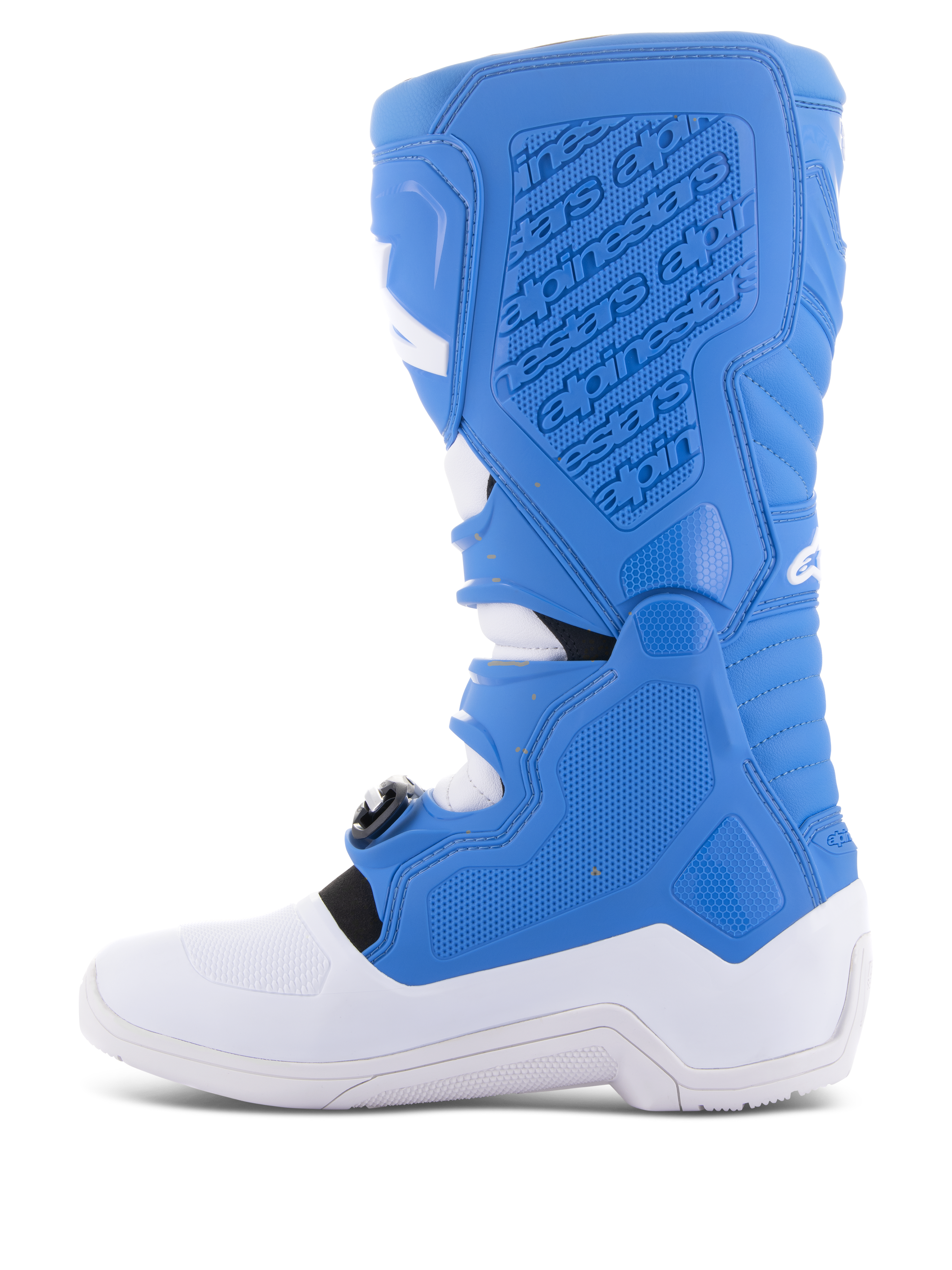Alpinestars Tech 5 Boots, stivali da motocross, blu e bianco, profilo laterale che mostra il pannello mediale con logo in rilievo, superfici con grip testurizzato e suola bianca resistente per la protezione fuoristrada