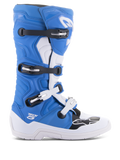 Stivali Alpinestars Tech 5, stivali da motocross, blu e bianco con accenti neri, design racing off-road a profilo alto, quattro fibbie regolabili, placca parastinchi rinforzata, logo Alpinestars a stella sulla punta, costruzione resistente per prestazioni su moto da cross