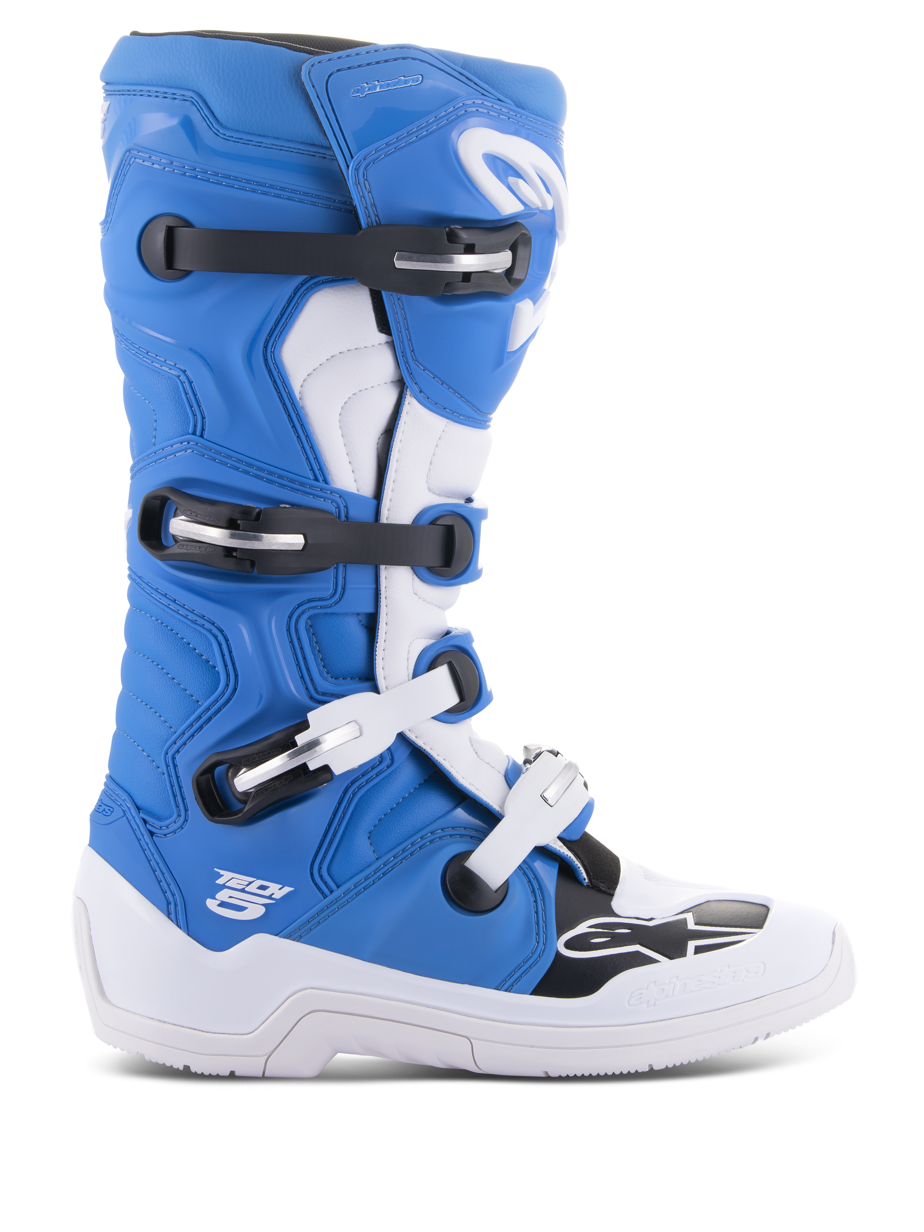Stivali Alpinestars Tech 5, stivali da motocross, blu e bianco con accenti neri, design racing off-road a profilo alto, quattro fibbie regolabili, placca parastinchi rinforzata, logo Alpinestars a stella sulla punta, costruzione resistente per prestazioni su moto da cross