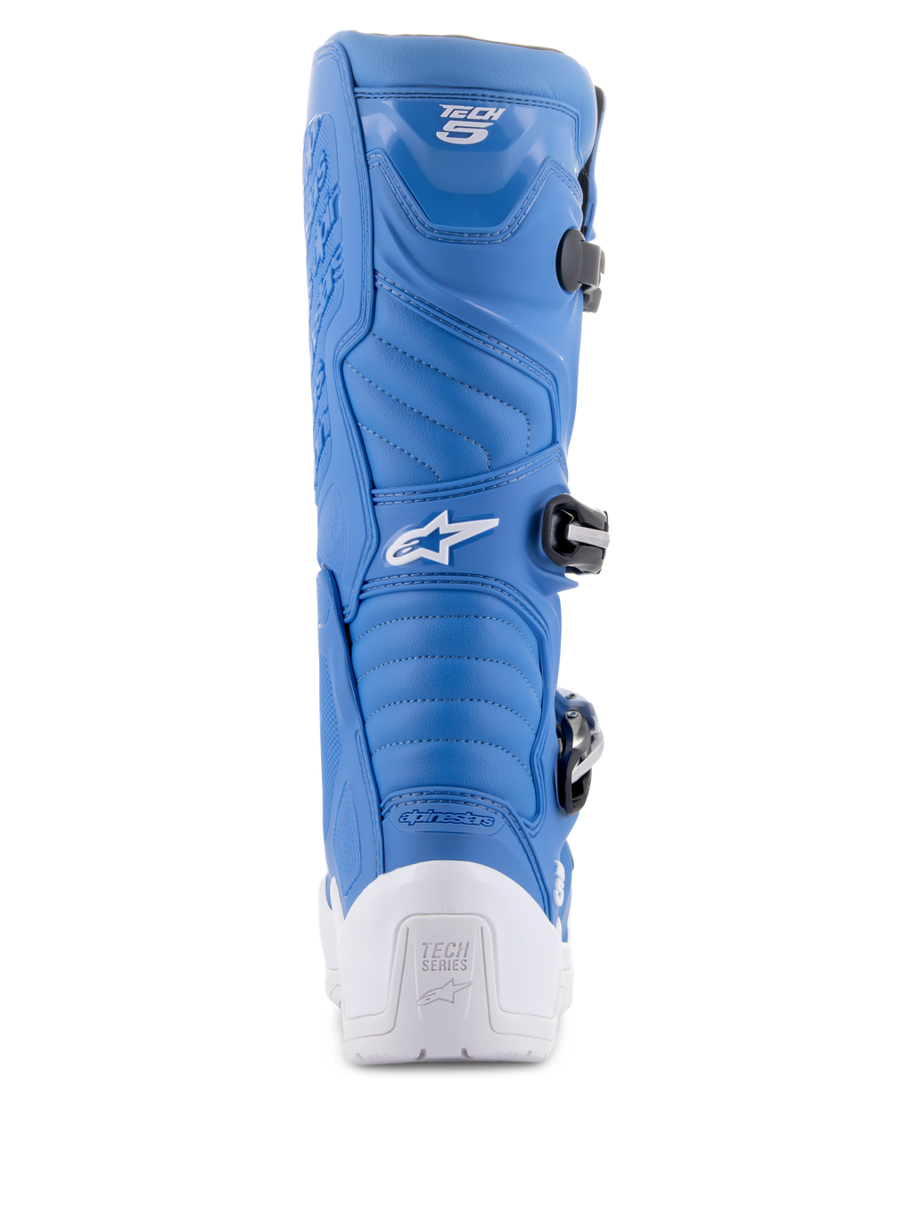 Stivali Alpinestars Tech 5, blu e bianco, vista posteriore con tallone protettivo bianco e logo Tech Series, tomaia in microfibra blu con zone di flessione a soffietto e sistema di fibbie nere, calzature tecniche da motocross