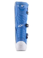 Stivali Alpinestars Tech 5, blu e bianco, vista posteriore con tallone protettivo bianco e logo Tech Series, tomaia in microfibra blu con zone di flessione a soffietto e sistema di fibbie nere, calzature tecniche da motocross