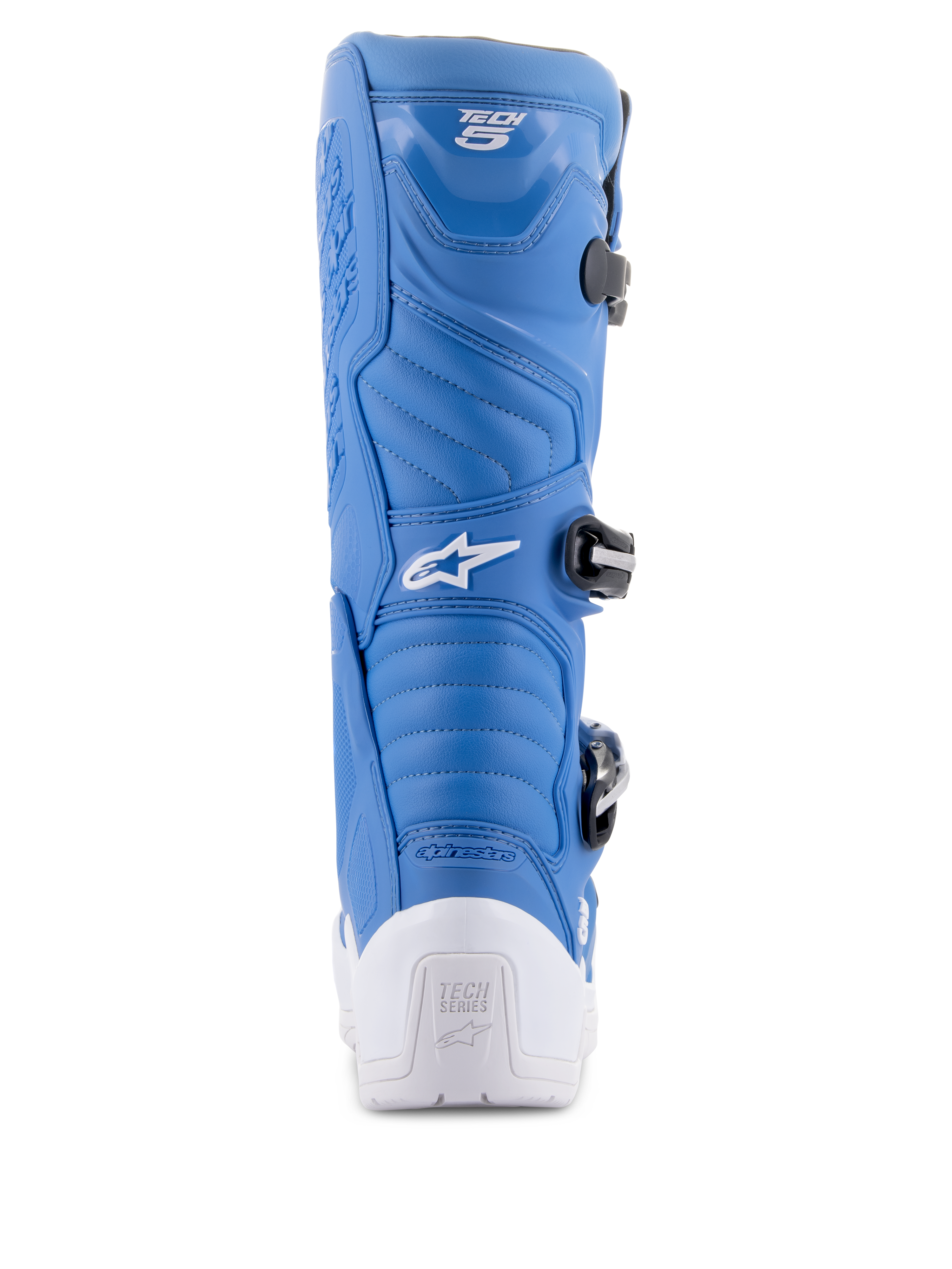 Stivali Alpinestars Tech 5, blu e bianco, vista posteriore con tallone protettivo bianco e logo Tech Series, tomaia in microfibra blu con zone di flessione a soffietto e sistema di fibbie nere, calzature tecniche da motocross