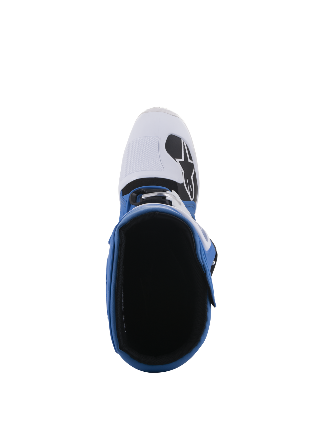 Stivali Alpinestars Tech 5, blu e bianco, vista dall'alto che mostra la fodera interna e la punta bianca con logo nero, costruzione multi-pannello per gare di motocross e fuoristrada