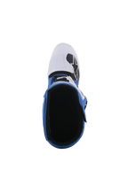Stivali Alpinestars Tech 5, blu e bianco, vista dall'alto che mostra la fodera interna e la punta bianca con logo nero, costruzione multi-pannello per gare di motocross e fuoristrada
