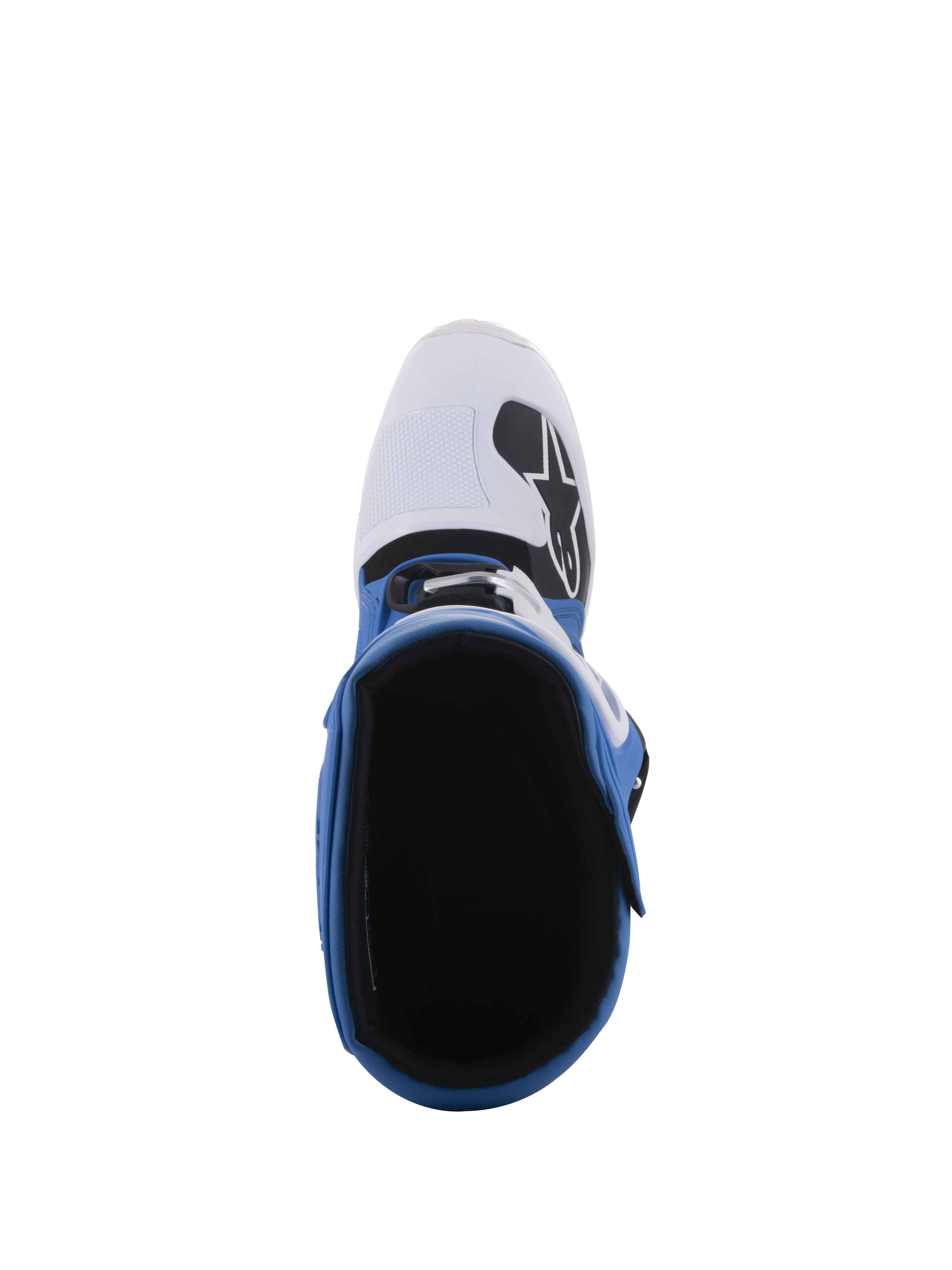 Stivali Alpinestars Tech 5, blu e bianco, vista dall'alto che mostra la fodera interna e la punta bianca con logo nero, costruzione multi-pannello per gare di motocross e fuoristrada