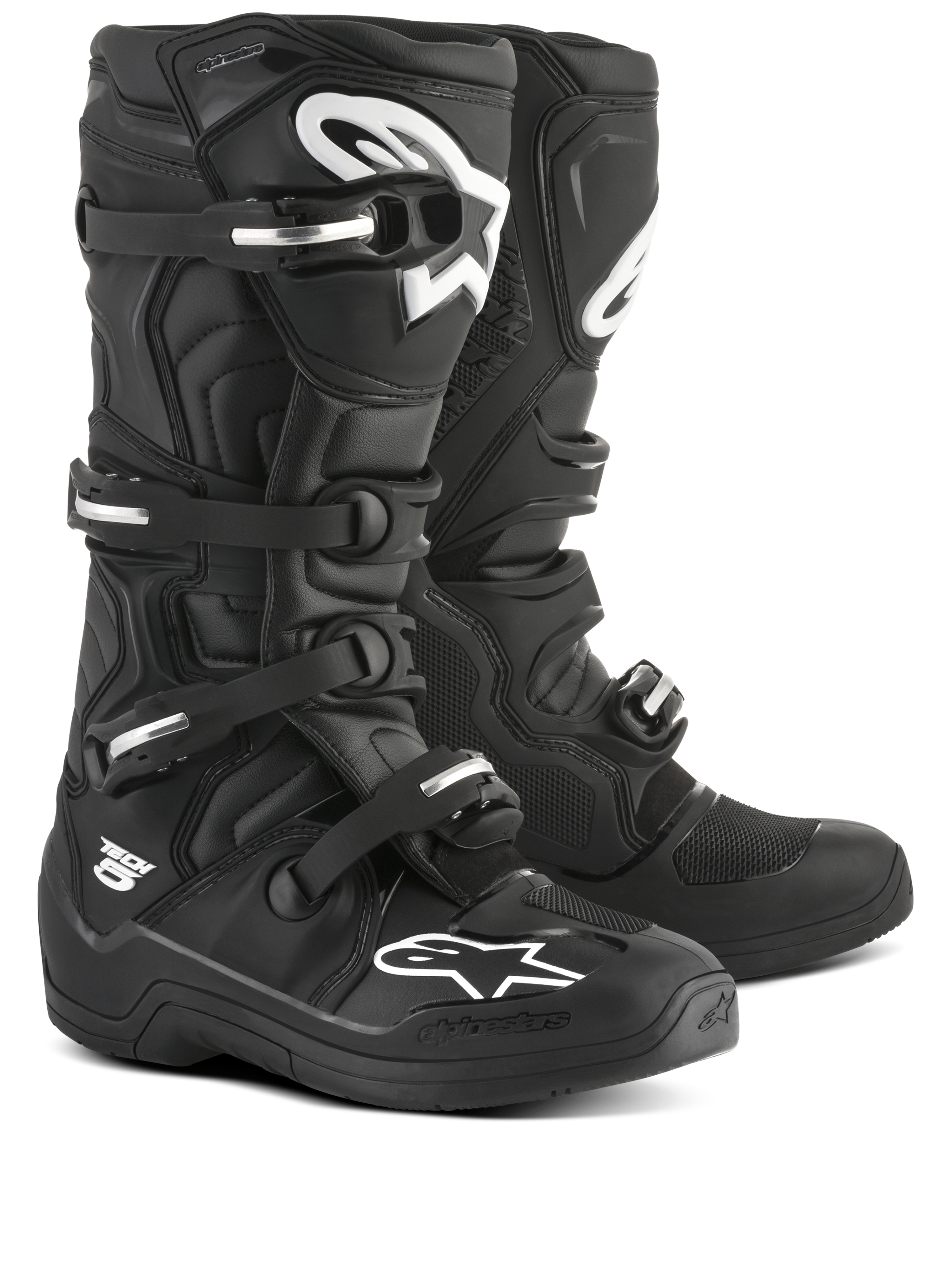 Alpinestars Stivali Tech 5, stivali da motocross nero e bianco, sistema di fibbie in alluminio, pivot biomeccanico e protezione in TPU, certificati CE, calzature off-road per prestazioni e sicurezza