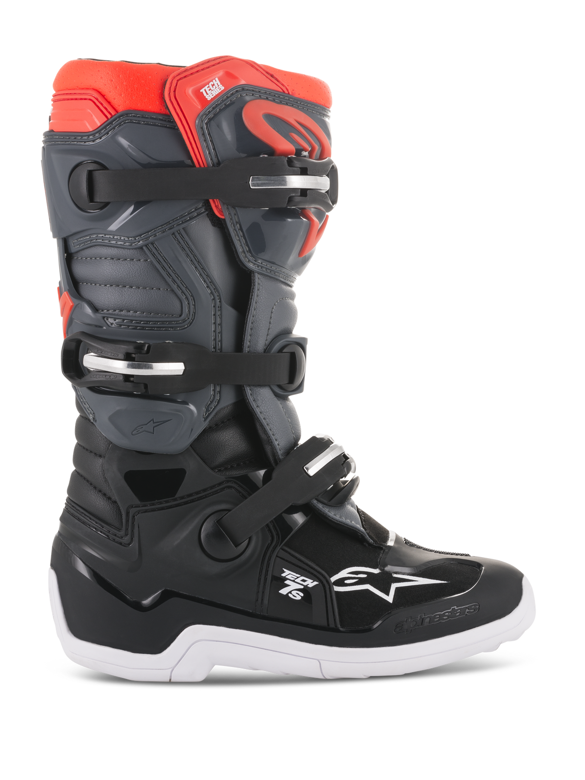 Alpinestars Youth Tech 7S Boots, stivali da motocross off-road, nero, grigio scuro e rosso fluorescente, struttura alta con tre fibbie regolabili, punta e tallone rinforzati, suola bianca spessa con motivi antiscivolo, protezione in TPU resistente e tomaia sintetica