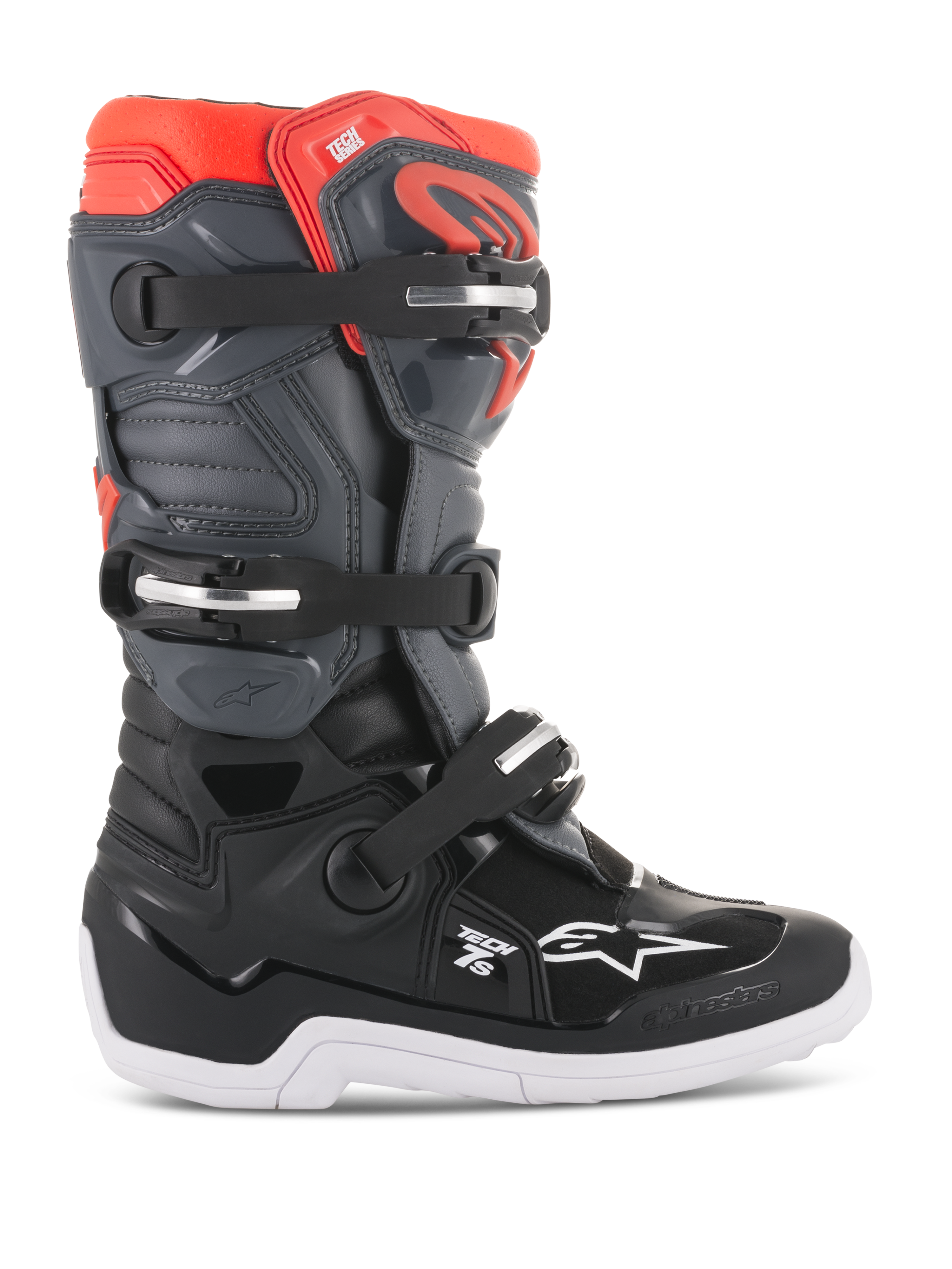 Alpinestars Youth Tech 7S Boots, stivali da motocross off-road, nero, grigio scuro e rosso fluorescente, struttura alta con tre fibbie regolabili, punta e tallone rinforzati, suola bianca spessa con motivi antiscivolo, protezione in TPU resistente e tomaia sintetica