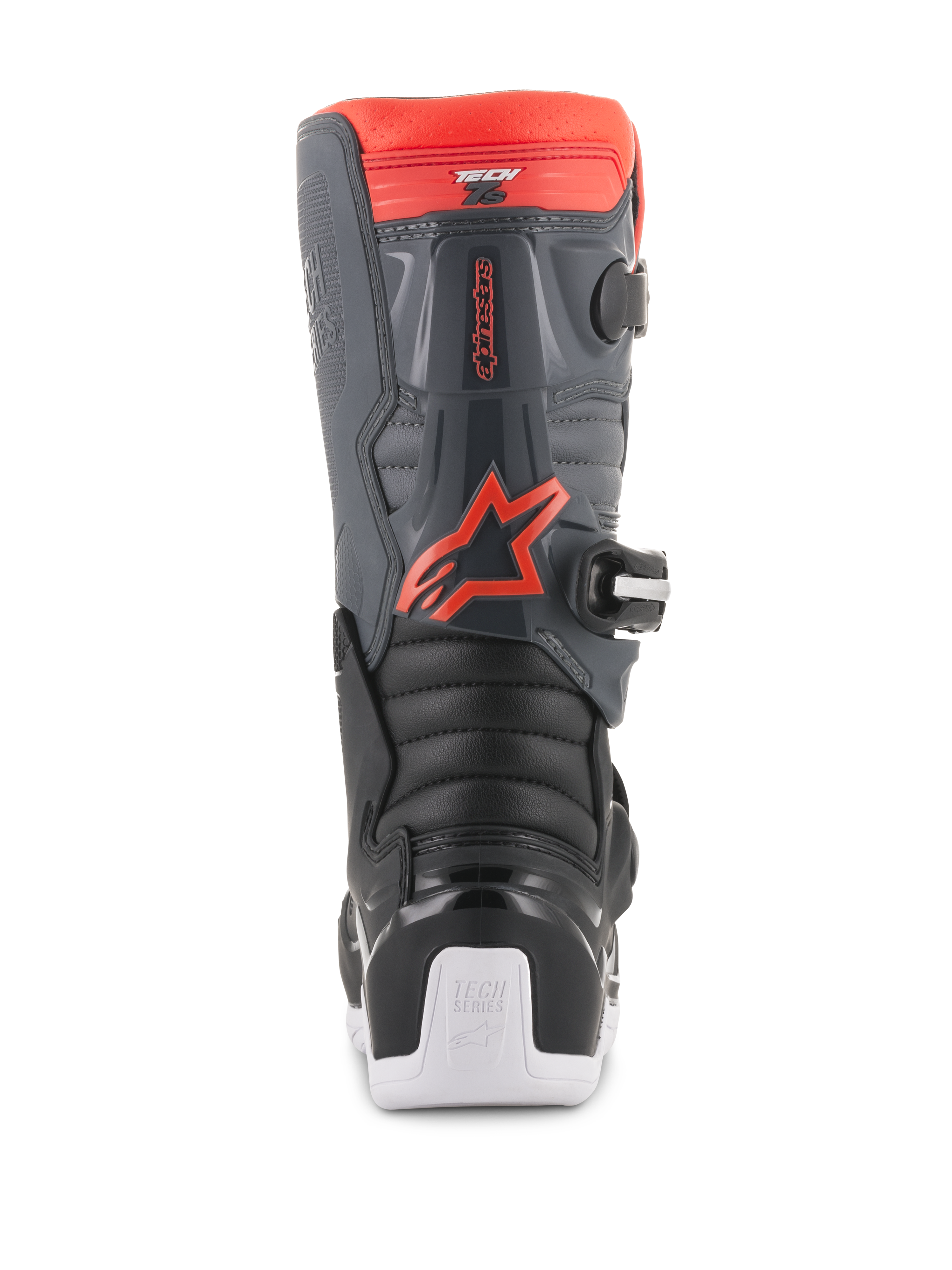 Stivali Alpinestars Youth Tech 7S, stivali da motocross, nero, grigio scuro e rosso fluorescente, vista posteriore con pannelli di protezione in TPU, logo Alpinestars rosso fluorescente e accenti della suola bianchi, calzatura protettiva durevole per fuoristrada.