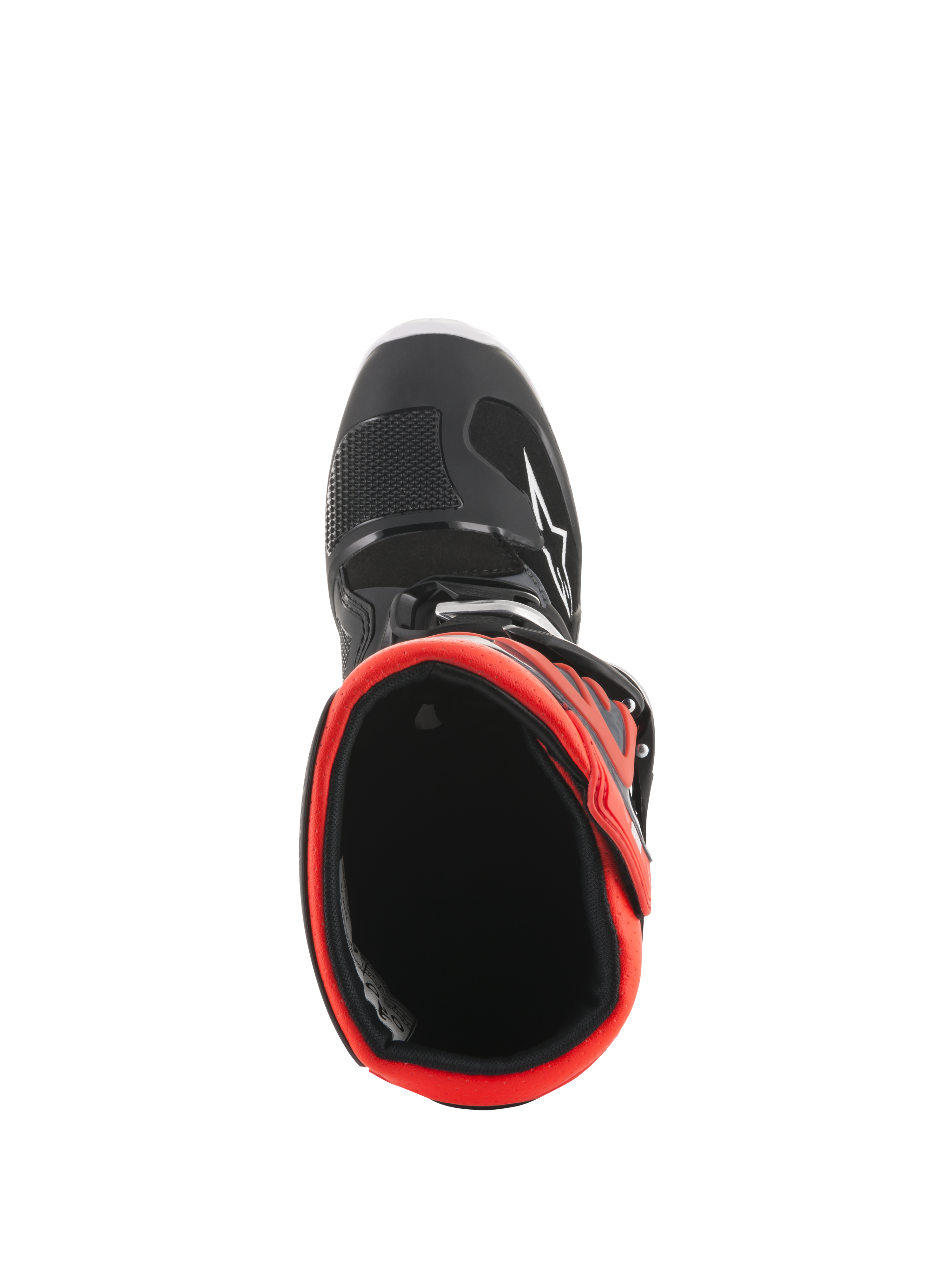 Stivali Alpinestars Youth Tech 7S, stivali da motocross, nero e rosso fluorescente, vista dall'alto verso l'interno della fodera rossa, con guscio esterno nero, logo a stella bianco e struttura sintetica resistente