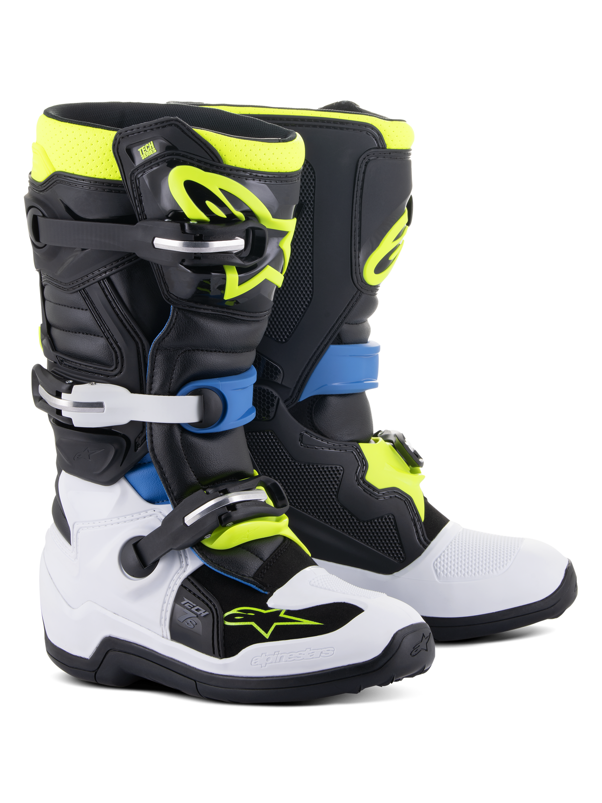 Stivali Alpinestars Youth Tech 7S, stivali da motocross, nero, blu enamel, giallo fluo e bianco, con chiusure a fibbia ad alto impatto, placche tibiali in TPU e sistema pivot flessibile per prestazioni fuoristrada junior