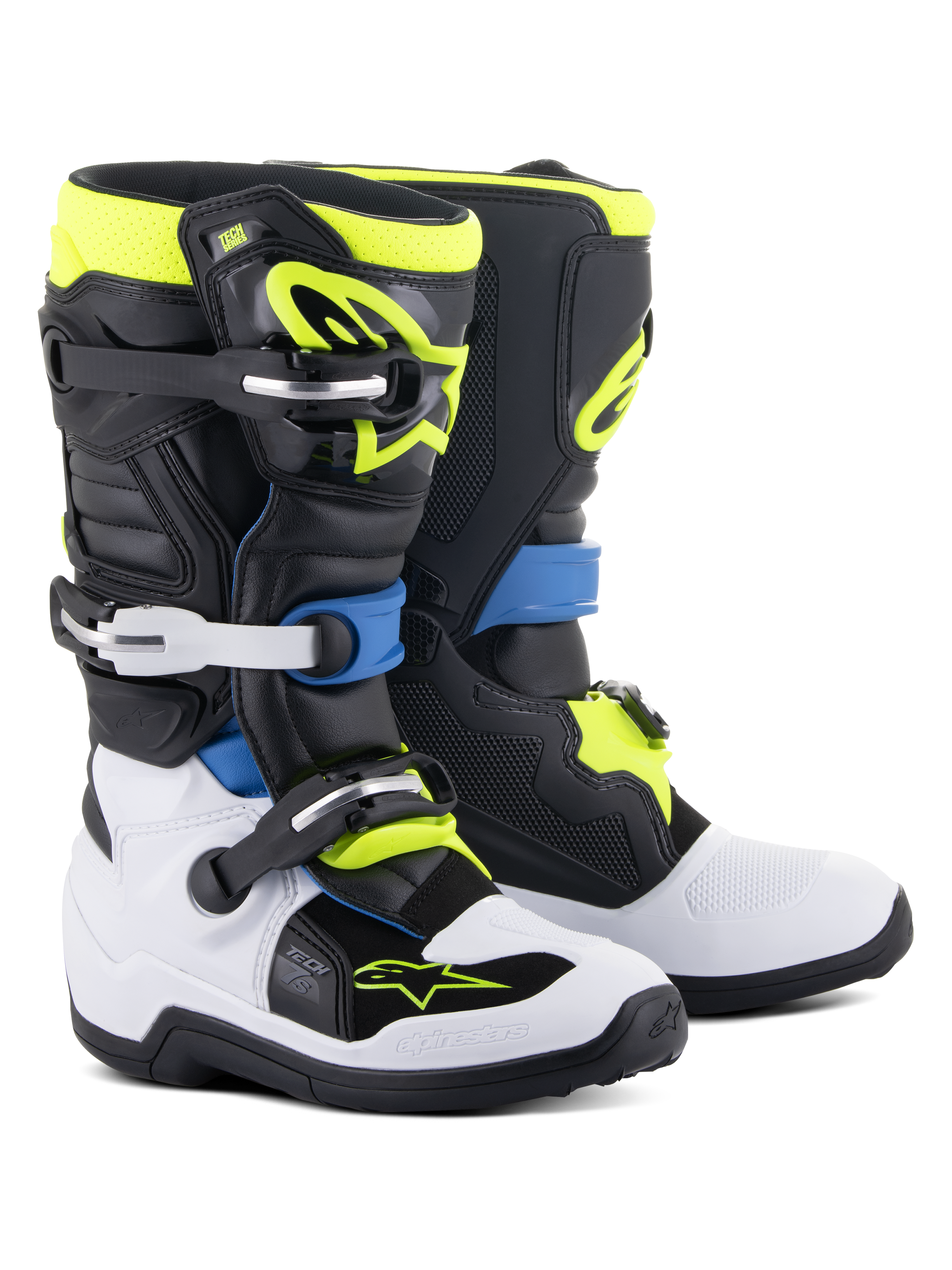 Stivali Alpinestars Youth Tech 7S, stivali da motocross, nero, blu enamel, giallo fluo e bianco, con chiusure a fibbia ad alto impatto, placche tibiali in TPU e sistema pivot flessibile per prestazioni fuoristrada junior