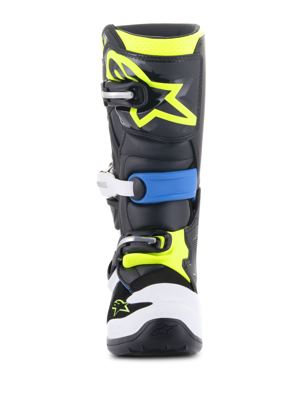 Alpinestars Stivali Youth Tech 7S, stivali da motocross, nero, blu smalto e giallo fluorescente, vista frontale con robusto sistema di chiusura a fibbie multiple, protezione punta bianca e vivace logo Alpinestars giallo fluorescente sulla placca tibiale.