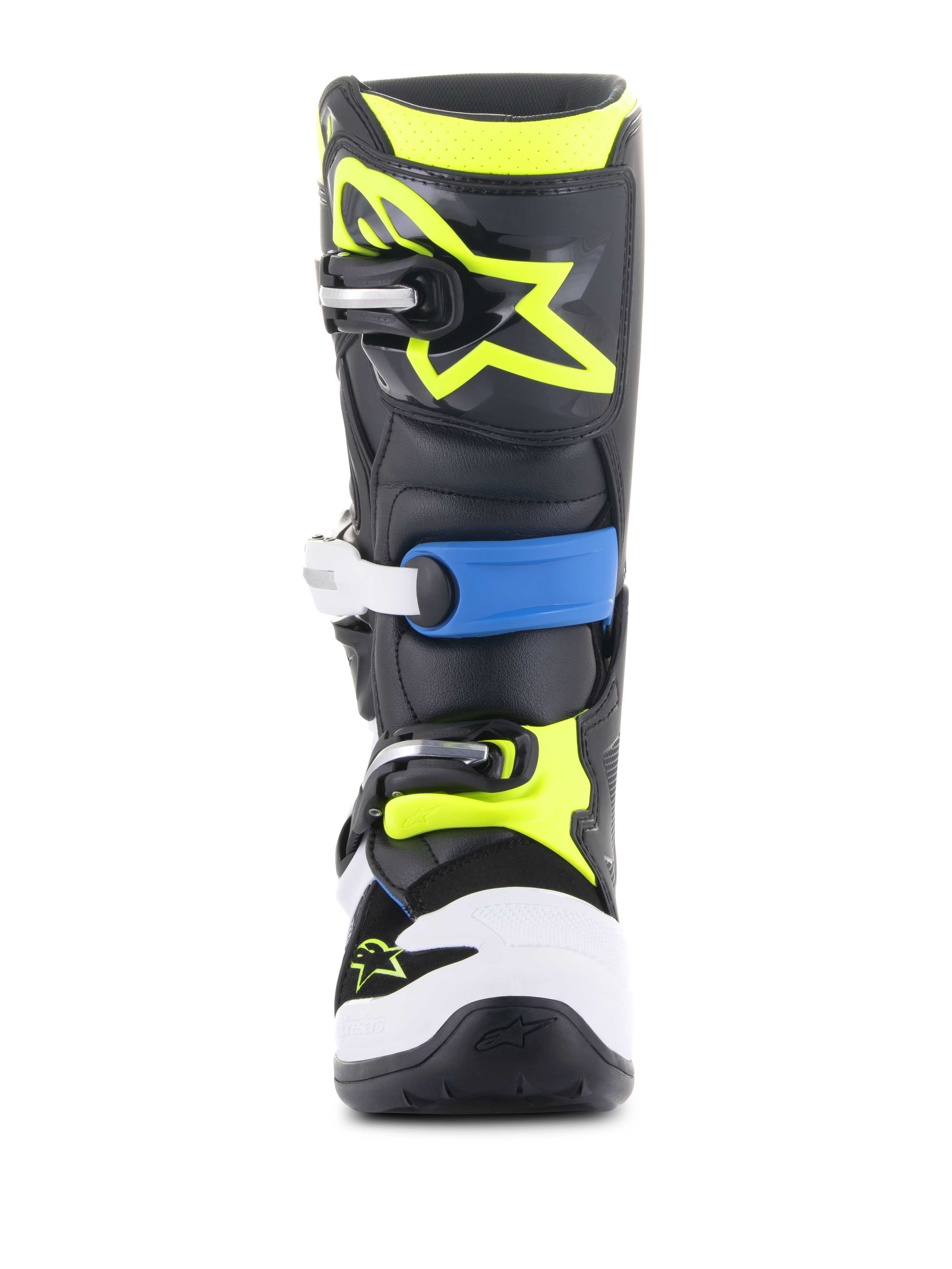 Alpinestars Stivali Youth Tech 7S, stivali da motocross, nero, blu smalto e giallo fluorescente, vista frontale con robusto sistema di chiusura a fibbie multiple, protezione punta bianca e vivace logo Alpinestars giallo fluorescente sulla placca tibiale.