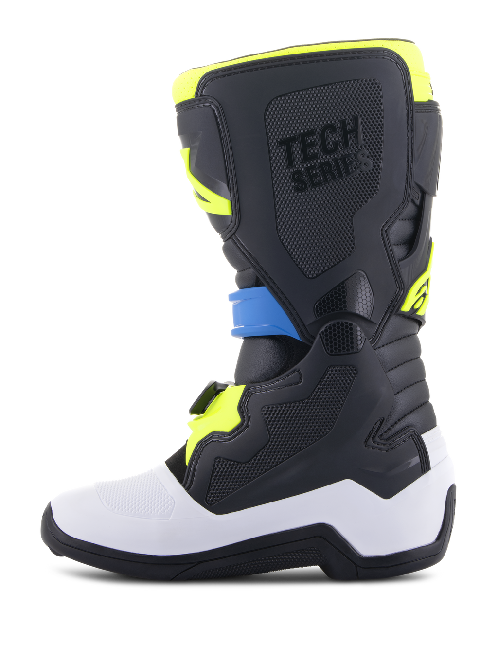 Stivali Alpinestars Youth Tech 7S, stivali da motocross, nero, blu smalto e giallo fluo, caratterizzati da una scocca inferiore bianca, pannelli protettivi neri in TPU con marchio 'TECH SERIES' e un sistema di fibbie sicuro, progettati per giovani piloti.