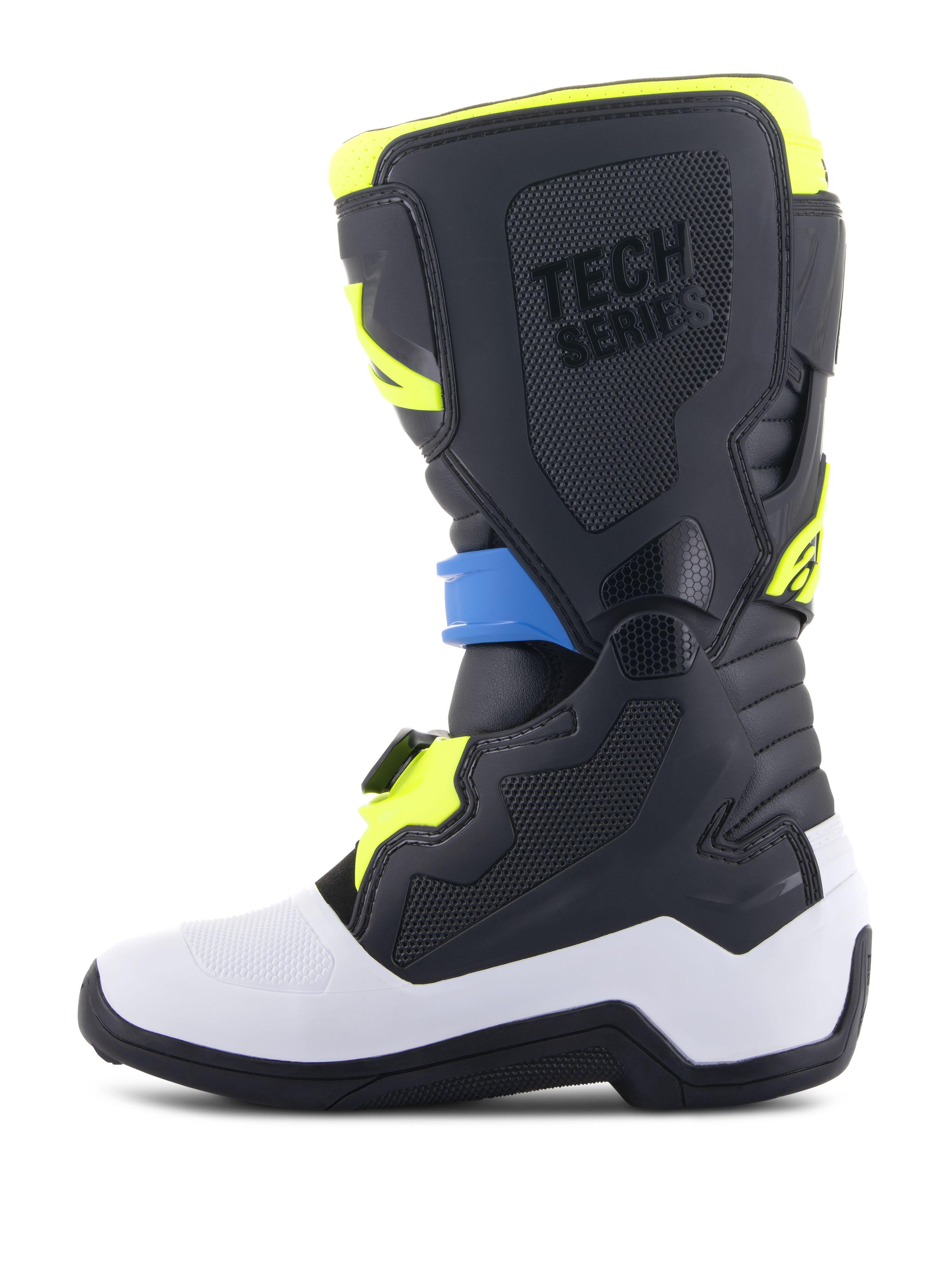 Stivali Alpinestars Youth Tech 7S, stivali da motocross, nero, blu smalto e giallo fluo, caratterizzati da una scocca inferiore bianca, pannelli protettivi neri in TPU con marchio 'TECH SERIES' e un sistema di fibbie sicuro, progettati per giovani piloti.