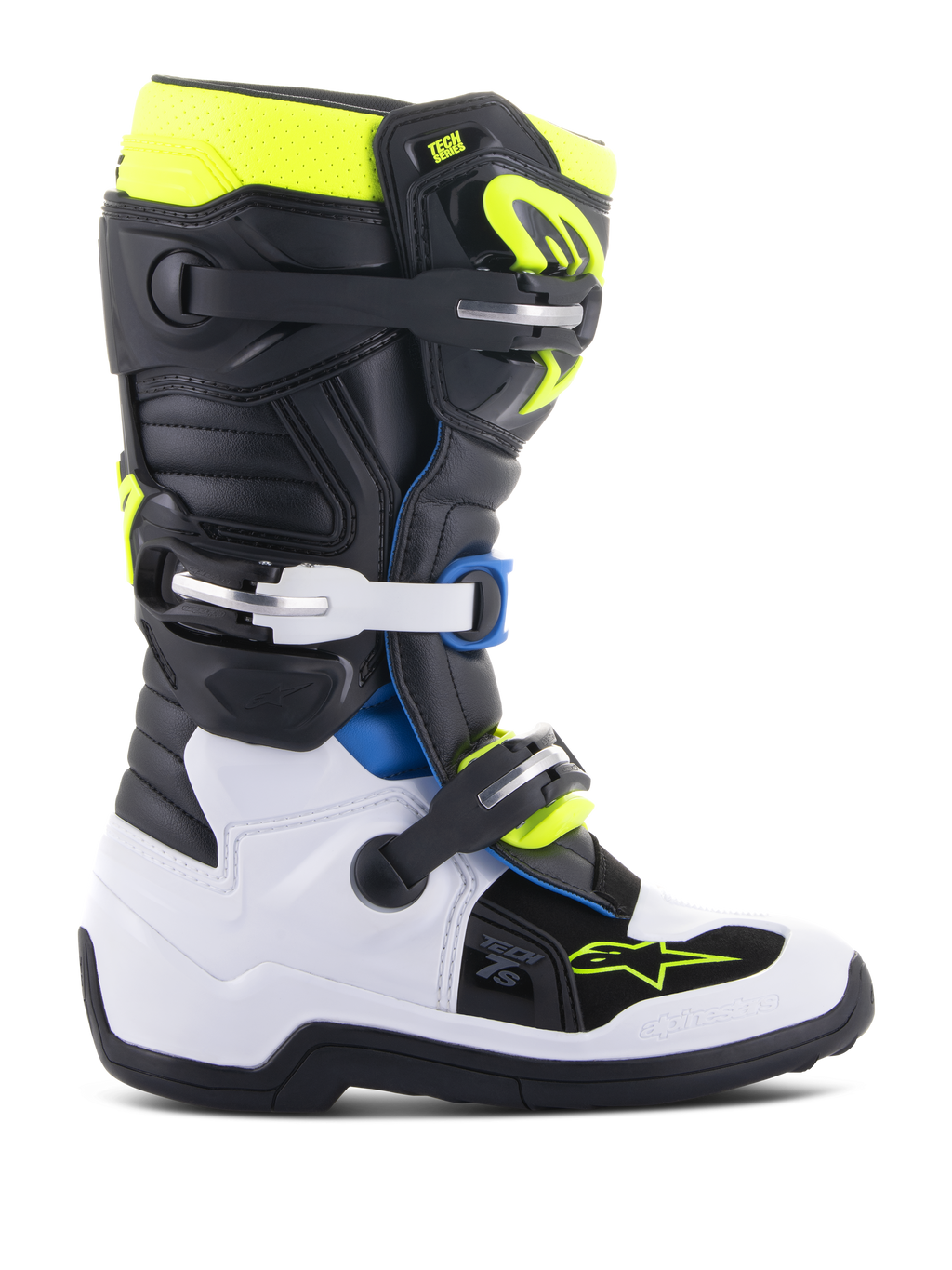 Stivali Alpinestars Youth Tech 7S, stivali da motocross per giovani piloti, nero, bianco e giallo fluo con accenti blu, dotati di sistema a fibbie regolabili, pannelli di protezione rinforzati e suola ad alta aderenza per gare fuoristrada