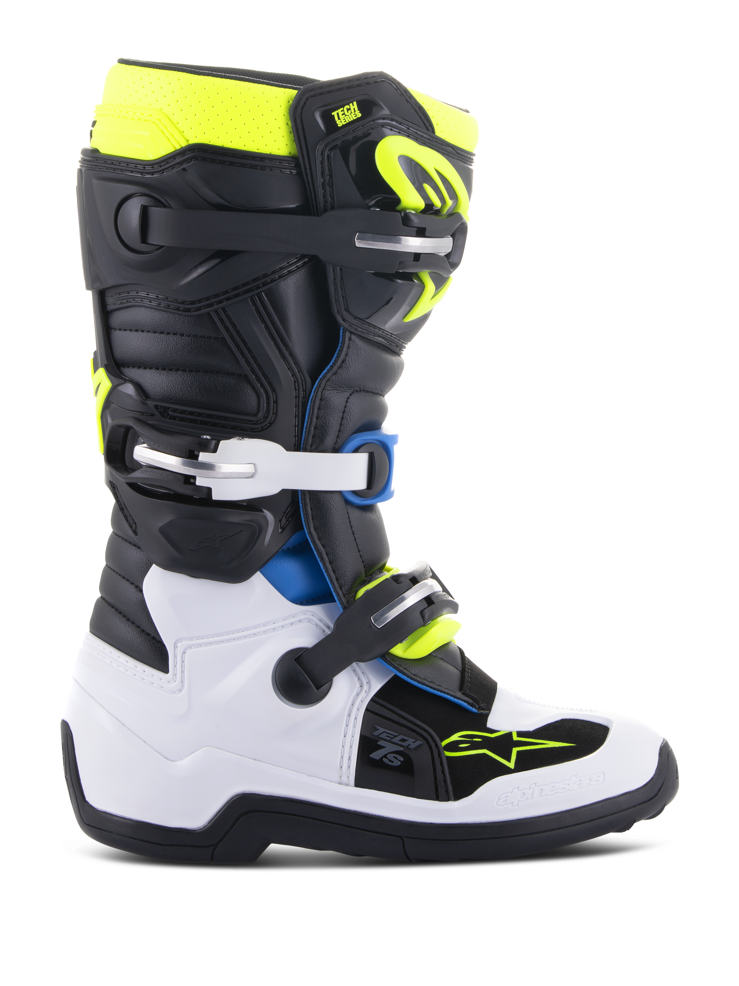Stivali Alpinestars Youth Tech 7S, stivali da motocross per giovani piloti, nero, bianco e giallo fluo con accenti blu, dotati di sistema a fibbie regolabili, pannelli di protezione rinforzati e suola ad alta aderenza per gare fuoristrada
