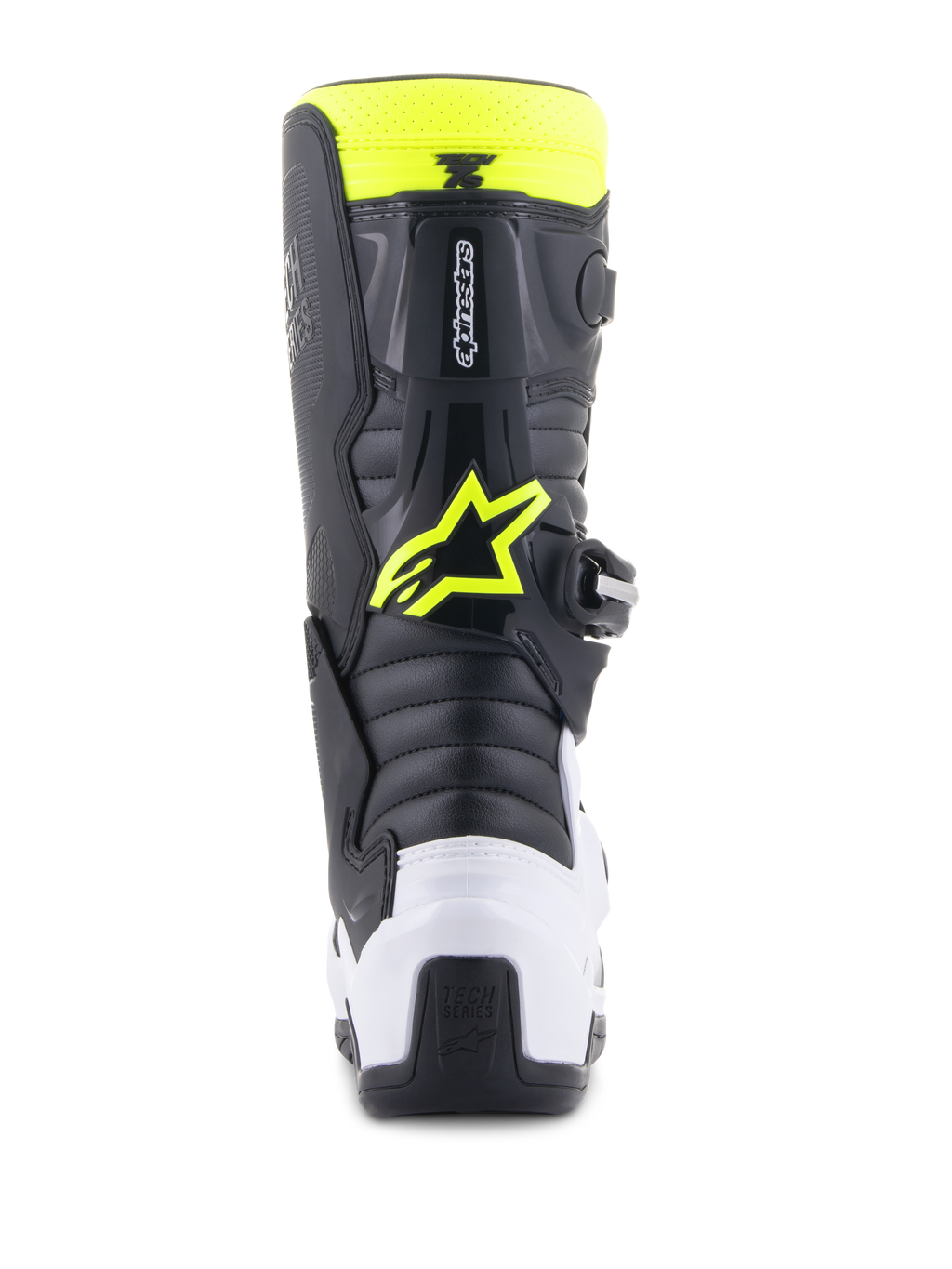 Alpinestars Youth Tech 7S Boots, stivali da motocross, nero, bianco e giallo fluo, vista posteriore con protezione tallone bianca e logo Alpinestars giallo neon, calzature da gara off-road resistenti per giovani piloti
