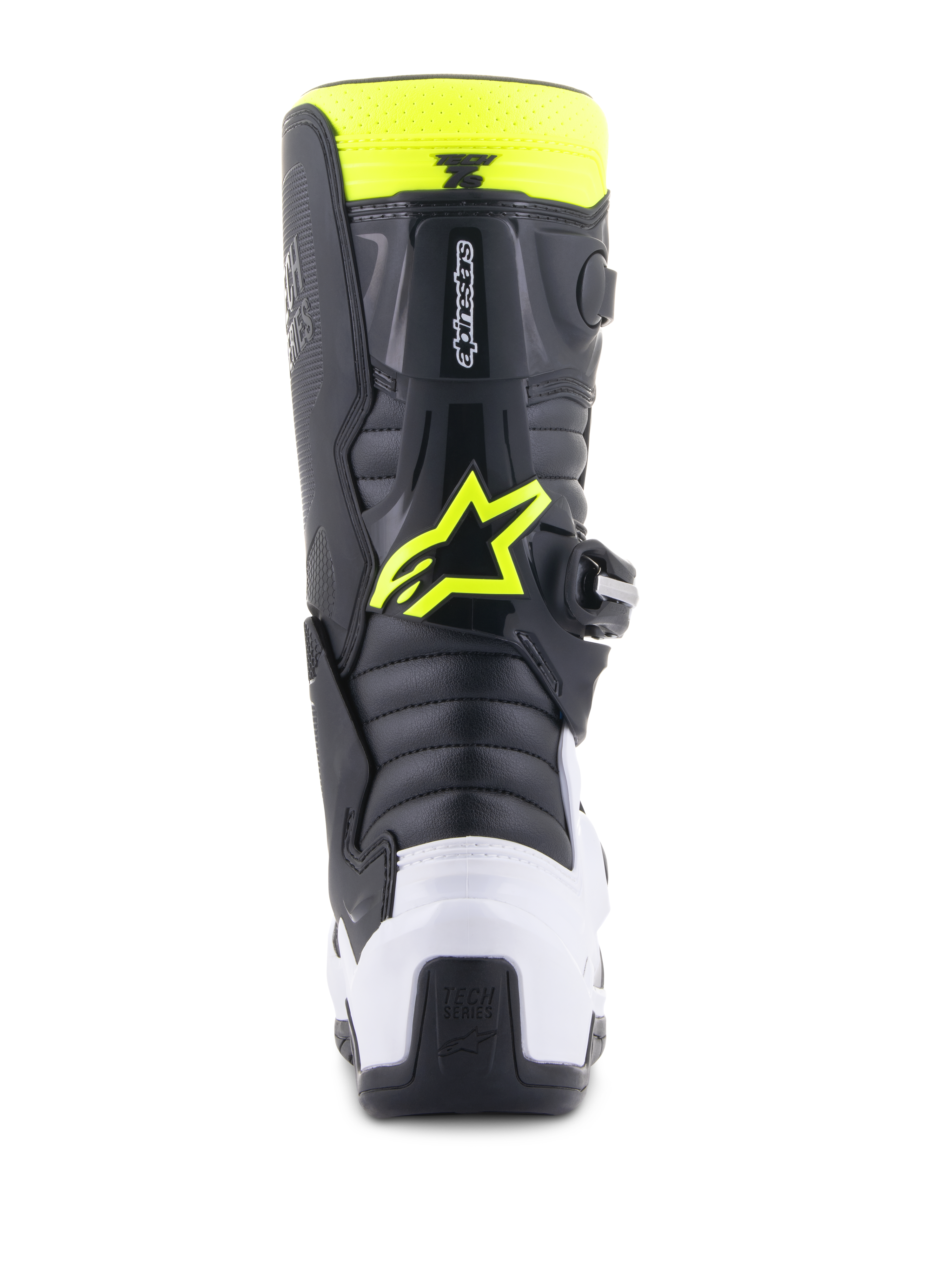 Alpinestars Youth Tech 7S Boots, stivali da motocross, nero, bianco e giallo fluo, vista posteriore con protezione tallone bianca e logo Alpinestars giallo neon, calzature da gara off-road resistenti per giovani piloti