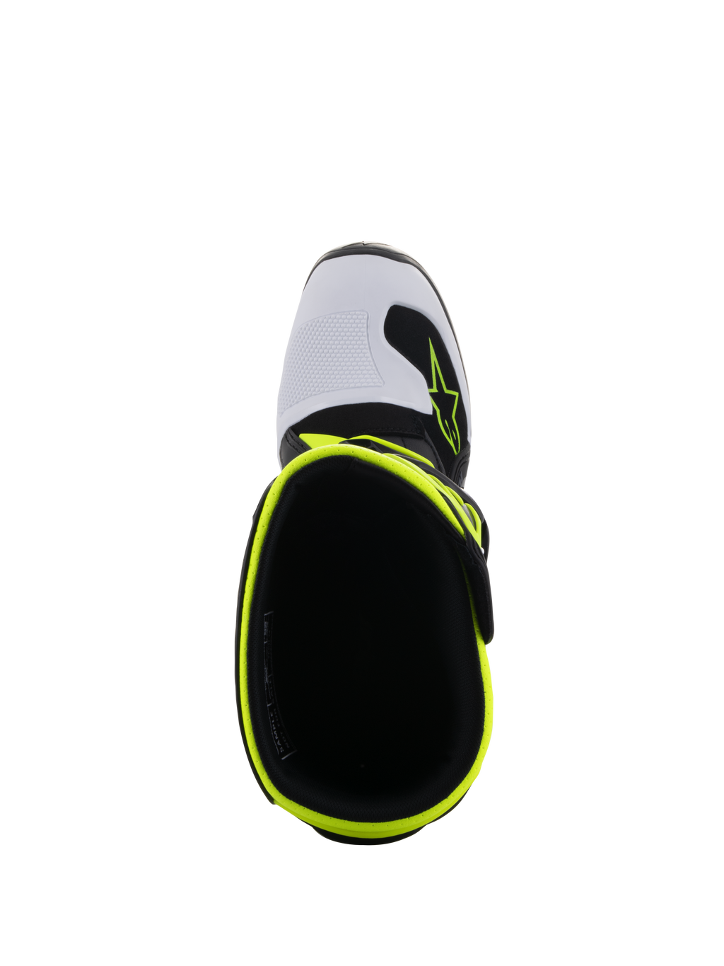 Stivali Alpinestars Youth Tech 7S, stivali da motocross, nero, bianco e giallo fluo, vista dall'alto che mostra l'apertura interna e il bordo giallo fluorescente, punta bianca con logo Alpinestars, calzature protettive per ragazzi ad alte prestazioni