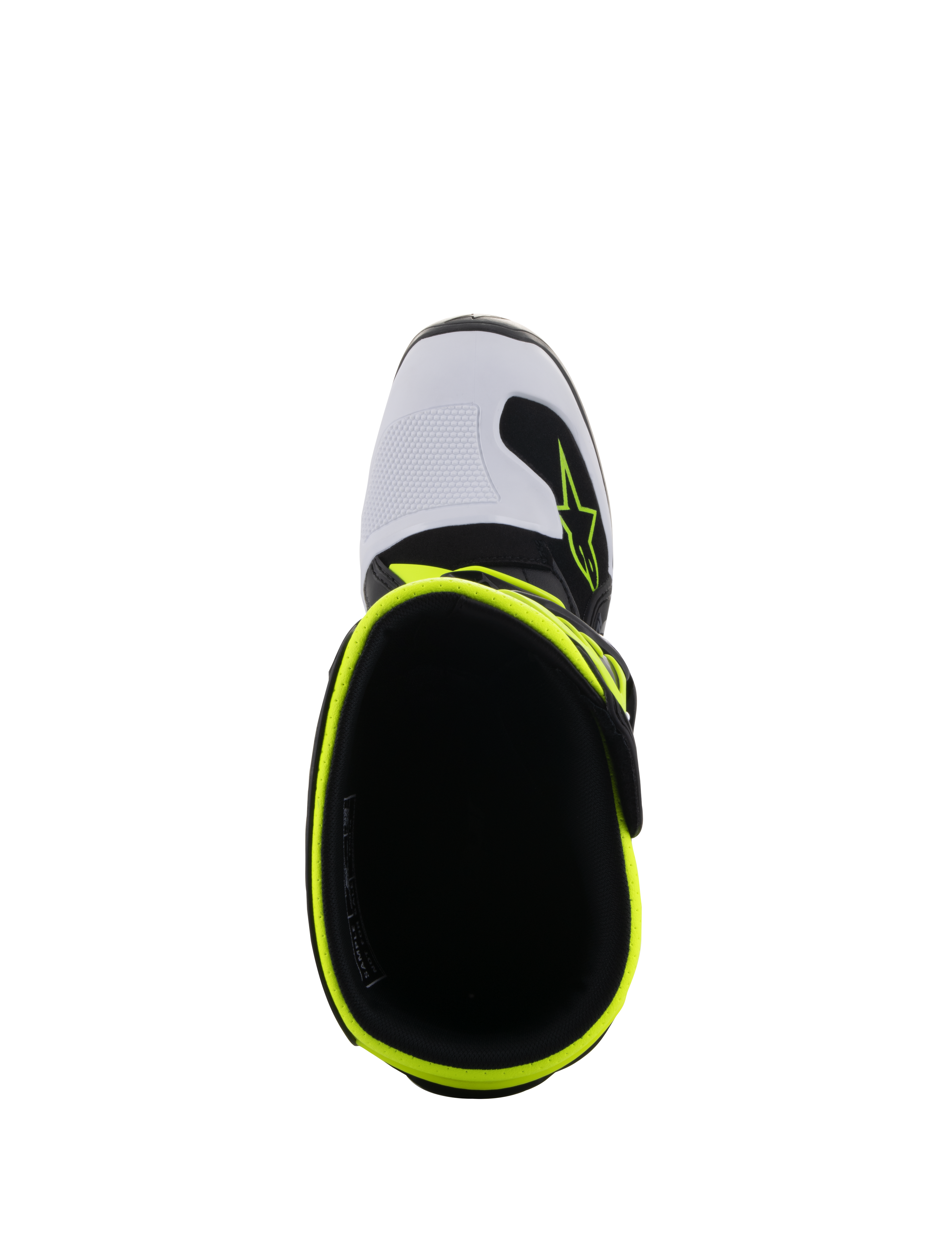 Stivali Alpinestars Youth Tech 7S, stivali da motocross, nero, bianco e giallo fluo, vista dall'alto che mostra l'apertura interna e il bordo giallo fluorescente, punta bianca con logo Alpinestars, calzature protettive per ragazzi ad alte prestazioni