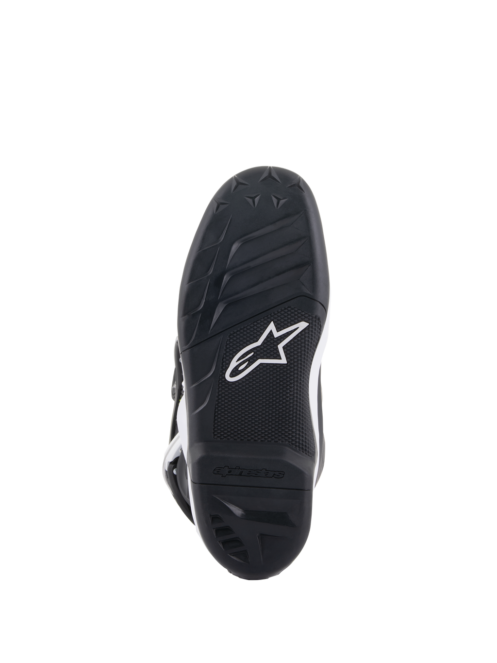 Stivali Alpinestars Youth Tech 7S, vista della suola, gomma nera con motivo grip testurizzato e logo Alpinestars bianco, costruzione in mescola resistente per motocross giovanile