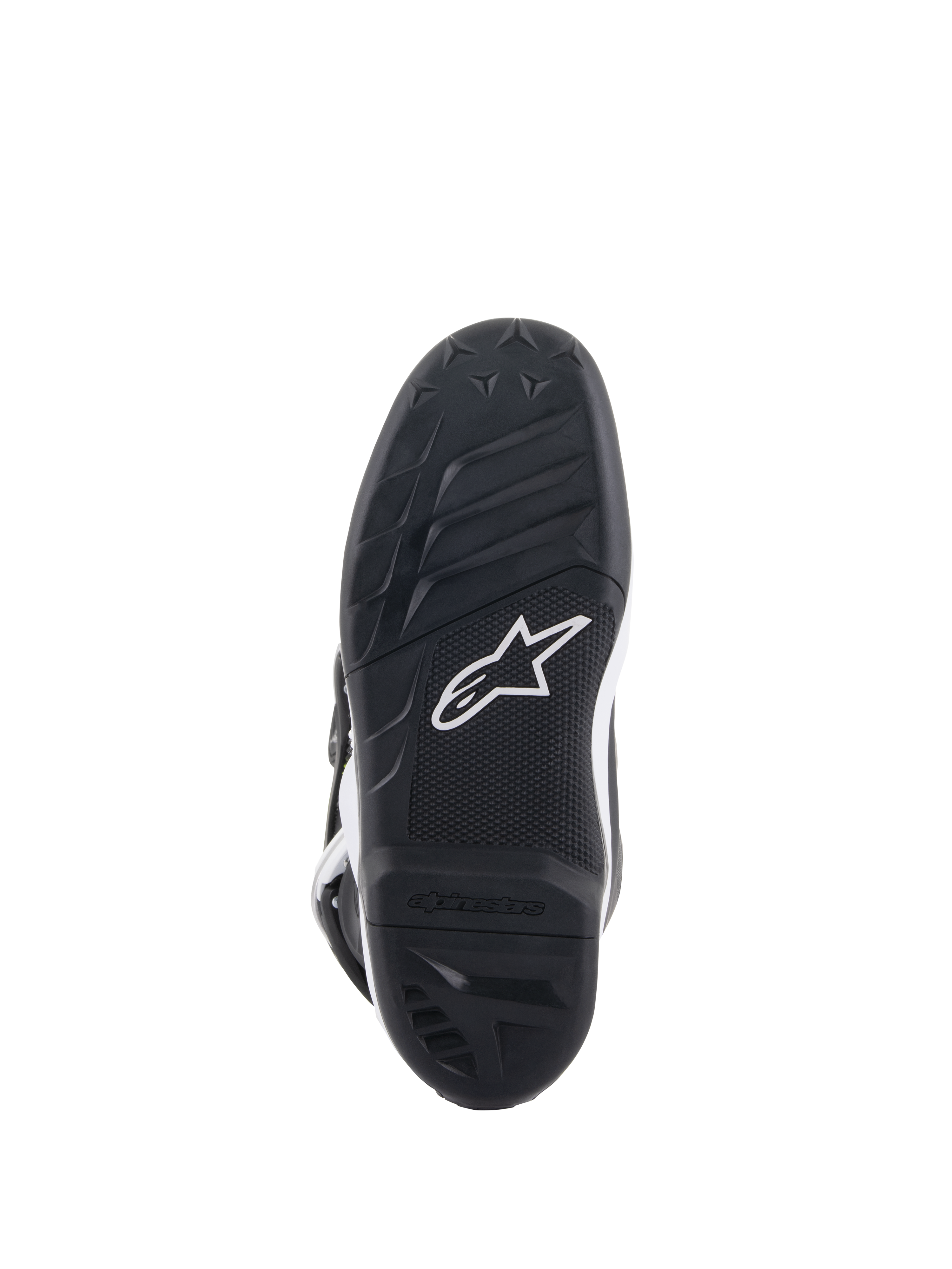 Stivali Alpinestars Youth Tech 7S, vista della suola, gomma nera con motivo grip testurizzato e logo Alpinestars bianco, costruzione in mescola resistente per motocross giovanile