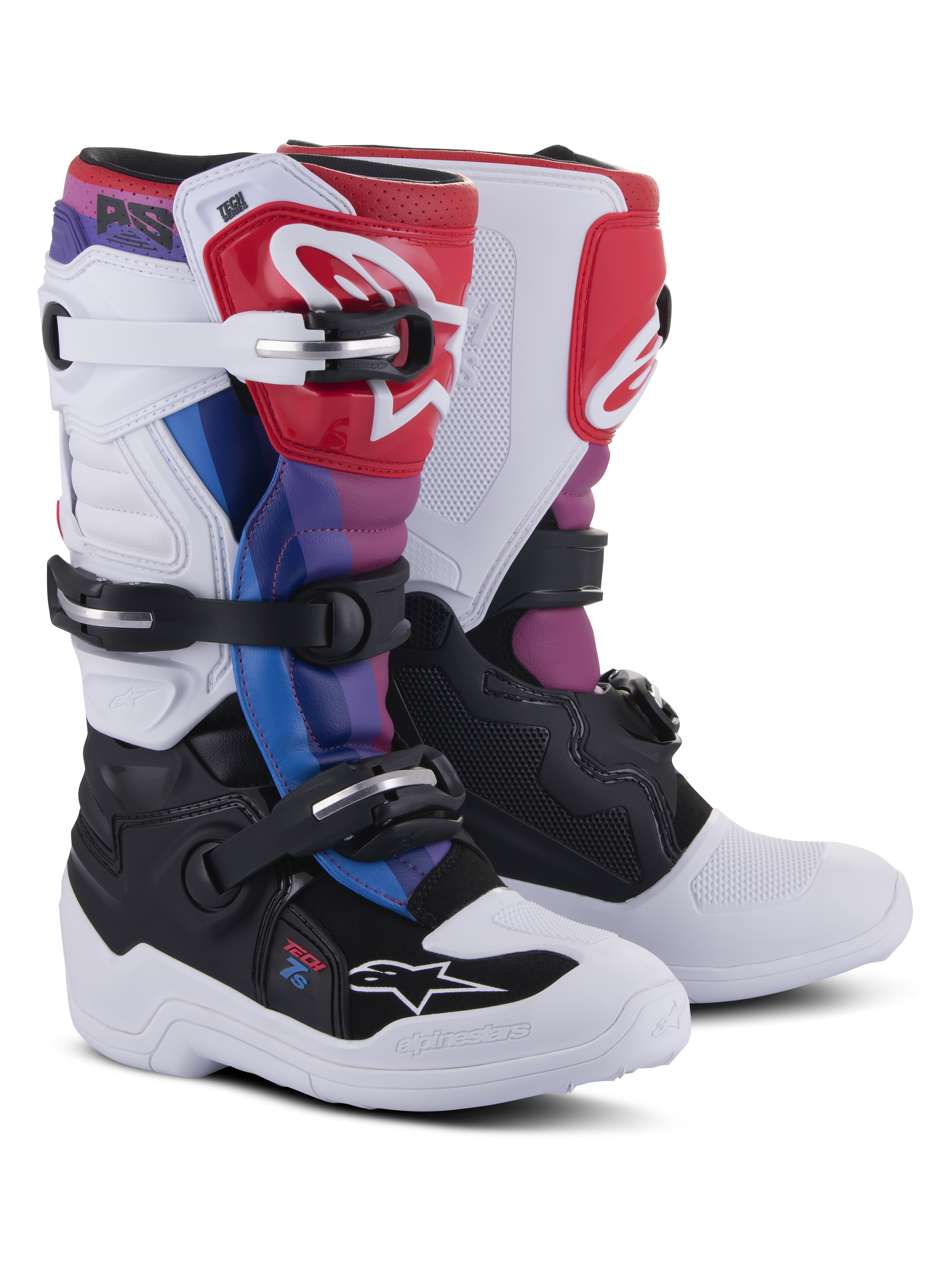 Alpinestars Youth Tech 7S Boots, stivali da motocross, bianco nero rainbow, caratterizzati da una base bianca e nera con accenti rossi, blu e viola, sistema di chiusura multi-fibbia e piastra parastinchi protettiva per gare fuoristrada