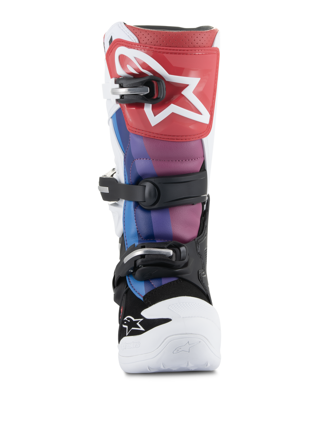 Stivali Alpinestars Youth Tech 7S, stivali da motocross, White Black Rainbow, vista frontale con placca tibiale rossa e logo a stella bianco, pannelli blu e viola, sistema di chiusura a fibbie nere e punta bianca, calzatura da fuoristrada resistente