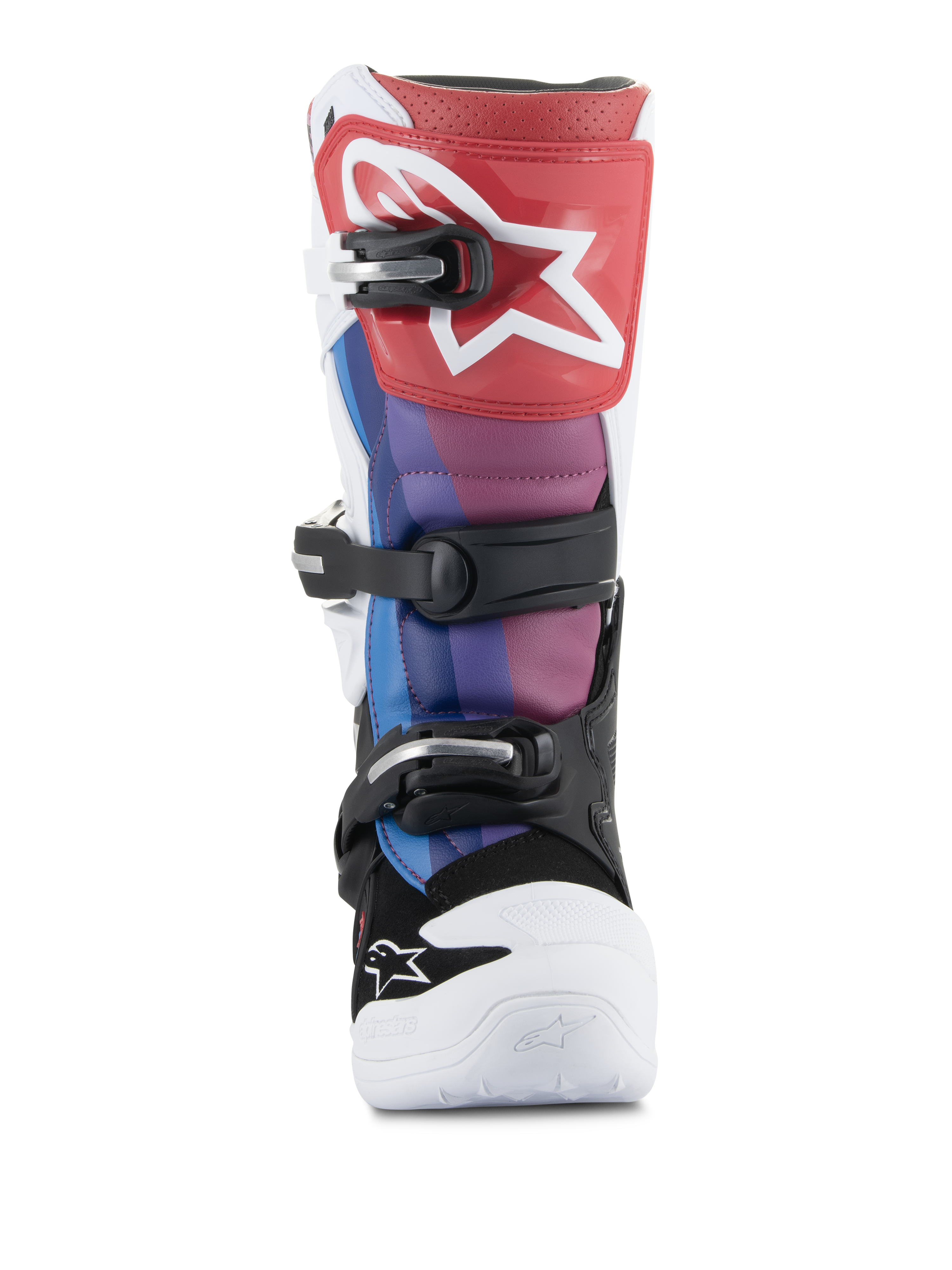 Stivali Alpinestars Youth Tech 7S, stivali da motocross, White Black Rainbow, vista frontale con placca tibiale rossa e logo a stella bianco, pannelli blu e viola, sistema di chiusura a fibbie nere e punta bianca, calzatura da fuoristrada resistente