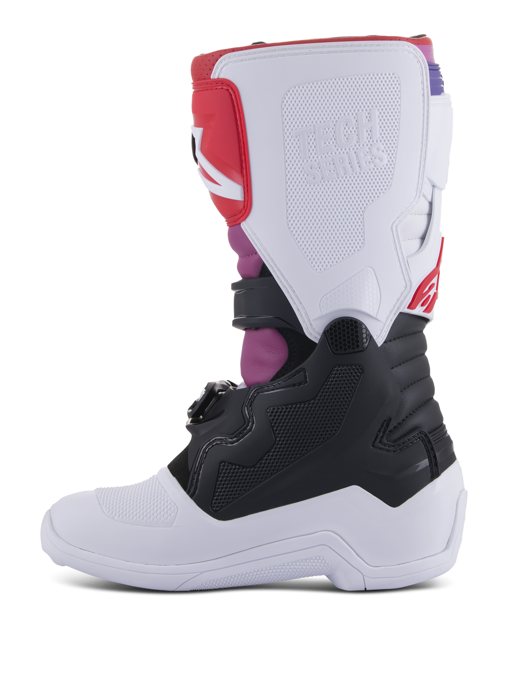 Stivali Alpinestars Youth Tech 7S, stivali da motocross, colore Bianco Nero Rainbow, vista laterale mediale con placca tibiale bianca e logo Tech Series a rilievo, sezione inferiore nera e vivaci accenti rosa e rossi, equipaggiamento protettivo resistente per la guida fuoristrada dei ragazzi