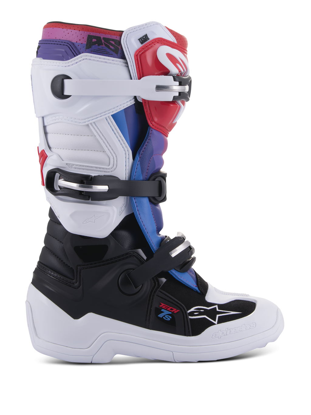 Alpinestars Youth Tech 7S Boots, stivali da motocross per ragazzi, bianco e nero con accenti rossi, blu e viola, sistema di chiusura a tripla fibbia, pannelli protettivi in TPU e robusta suola bianca