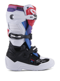 Alpinestars Youth Tech 7S Boots, stivali da motocross per ragazzi, bianco e nero con accenti rossi, blu e viola, sistema di chiusura a tripla fibbia, pannelli protettivi in TPU e robusta suola bianca
