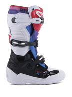 Alpinestars Youth Tech 7S Boots, stivali da motocross per ragazzi, bianco e nero con accenti rossi, blu e viola, sistema di chiusura a tripla fibbia, pannelli protettivi in TPU e robusta suola bianca