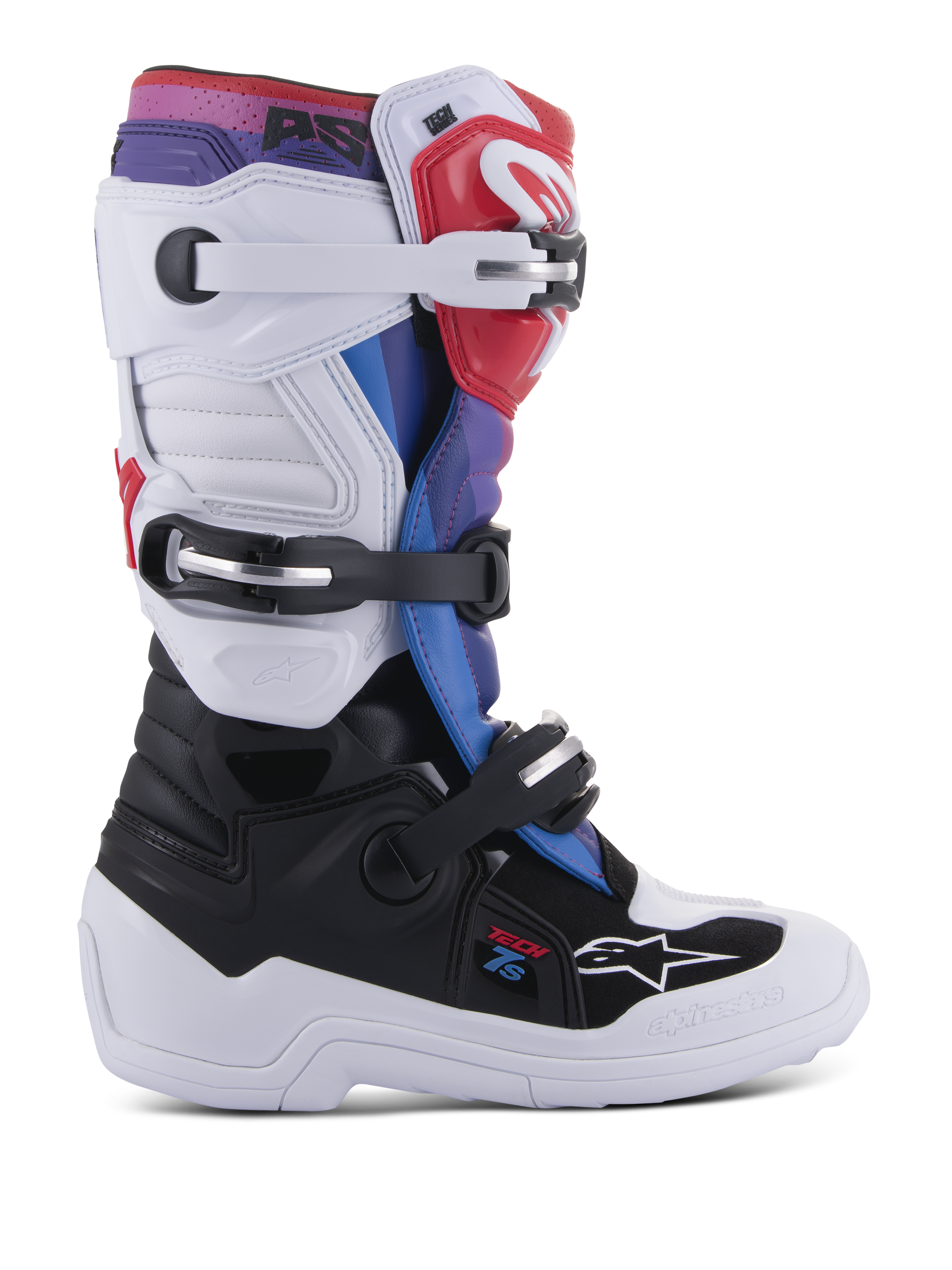 Alpinestars Youth Tech 7S Boots, stivali da motocross per ragazzi, bianco e nero con accenti rossi, blu e viola, sistema di chiusura a tripla fibbia, pannelli protettivi in TPU e robusta suola bianca
