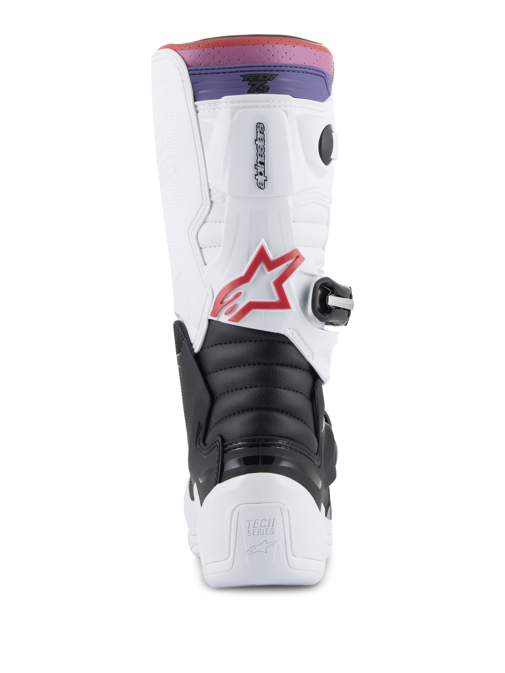 Stivali Alpinestars Youth Tech 7S, stivali da motocross, bianco, nero e arcobaleno, vista posteriore con protezione per tallone e polpaccio, zona flessibile a fisarmonica nera, logo a stella rosso e fascia superiore sfumata rosa e viola