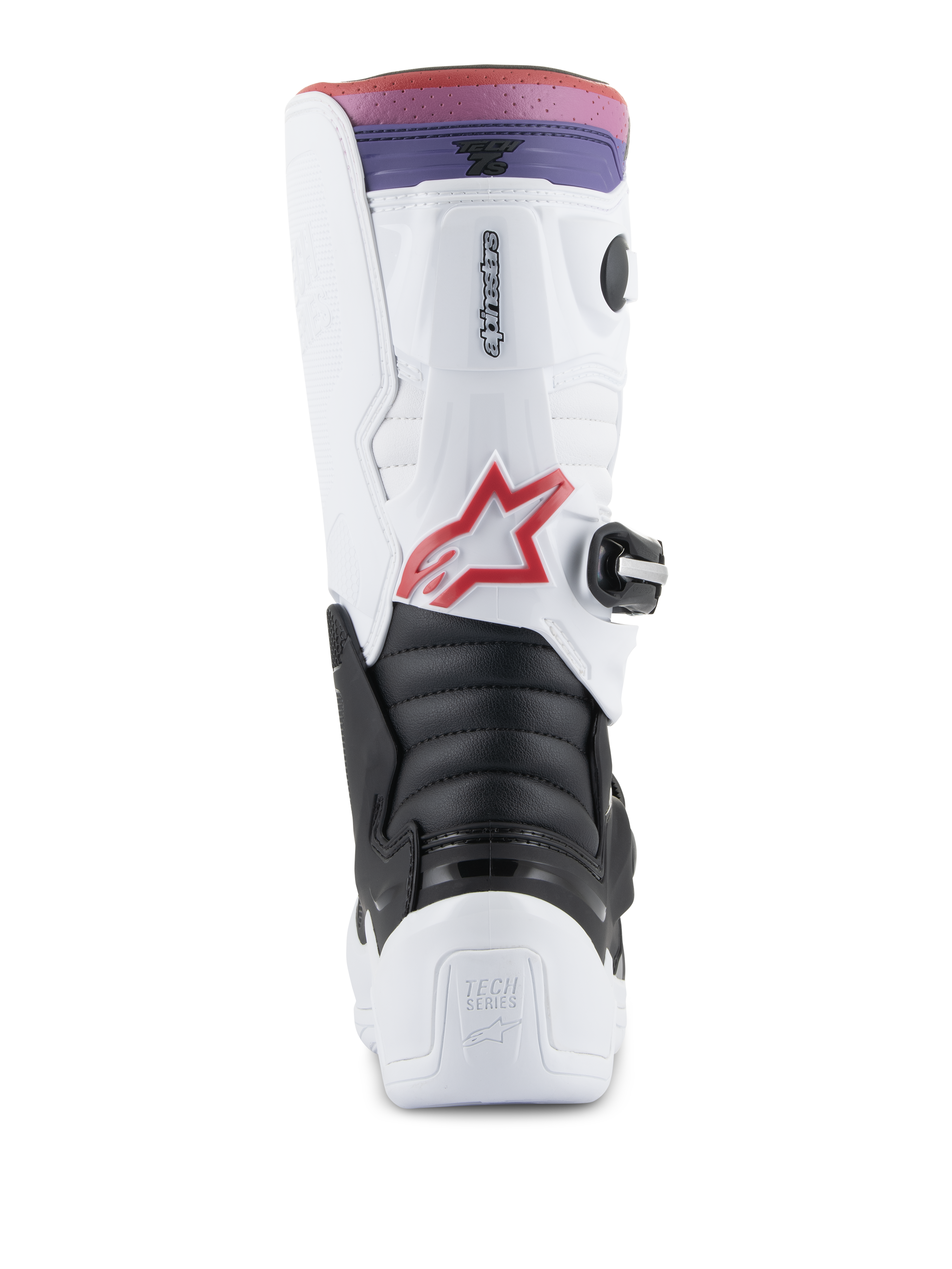 Stivali Alpinestars Youth Tech 7S, stivali da motocross, bianco, nero e arcobaleno, vista posteriore con protezione per tallone e polpaccio, zona flessibile a fisarmonica nera, logo a stella rosso e fascia superiore sfumata rosa e viola