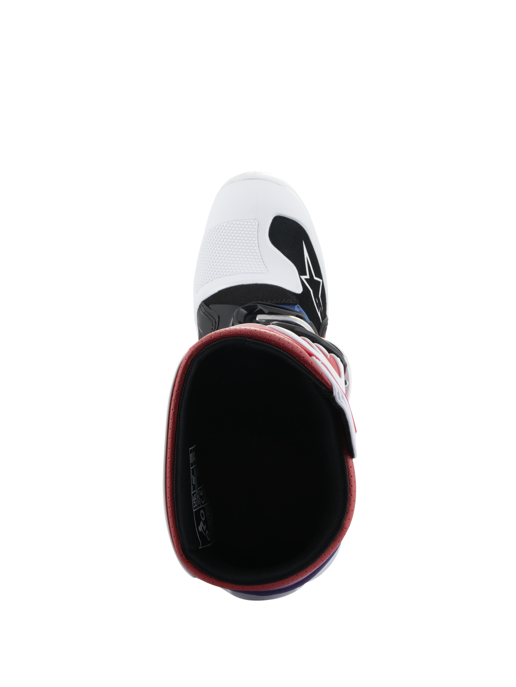 Stivali Alpinestars Youth Tech 7S, stivali da motocross, White Black Rainbow, vista dall'alto verso l'interno dello stivale, interno nero con bordo rosso, punta bianca con logo Alpinestars nero