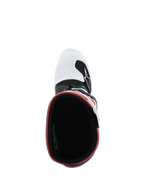 Stivali Alpinestars Youth Tech 7S, stivali da motocross, White Black Rainbow, vista dall'alto verso l'interno dello stivale, interno nero con bordo rosso, punta bianca con logo Alpinestars nero