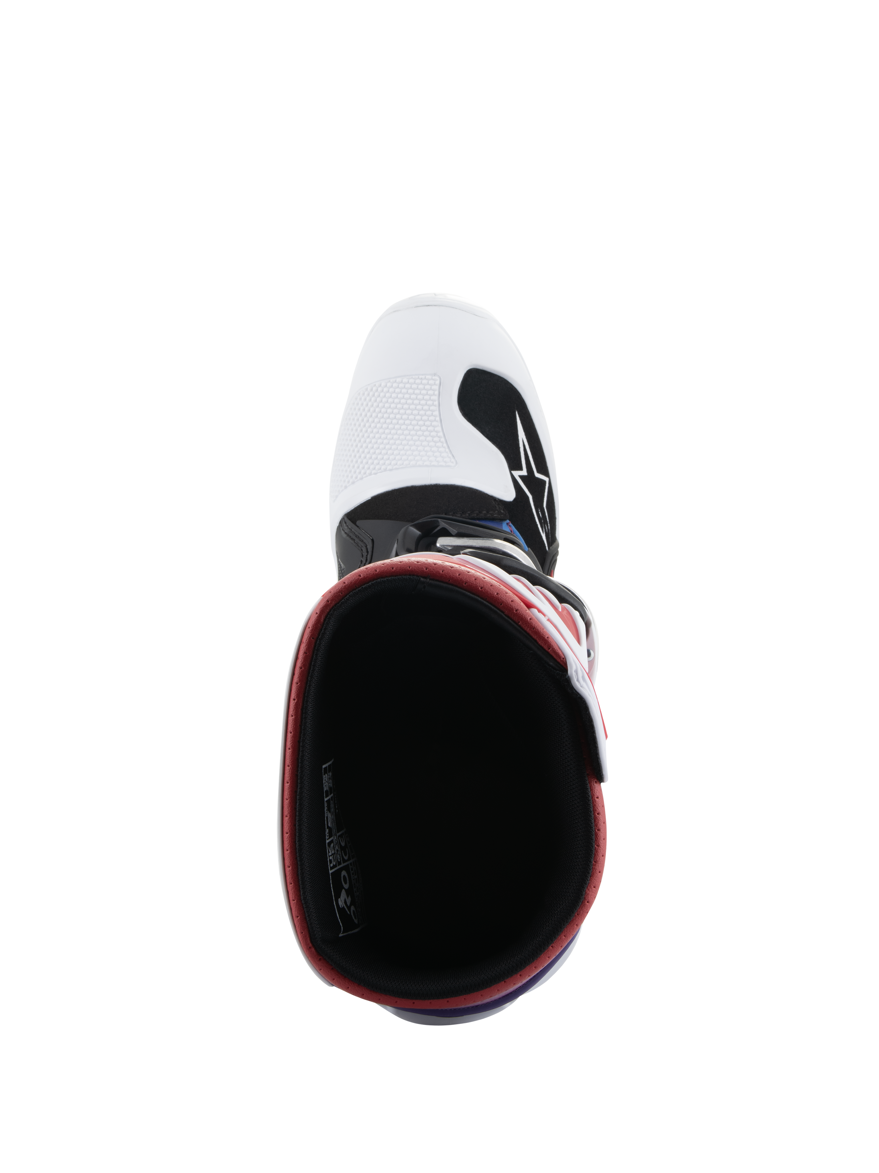 Stivali Alpinestars Youth Tech 7S, stivali da motocross, White Black Rainbow, vista dall'alto verso l'interno dello stivale, interno nero con bordo rosso, punta bianca con logo Alpinestars nero