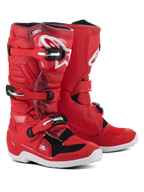 Alpinestars Youth Tech 7S Boots, stivali da motocross rossi con accenti bianchi e neri, dotati di sistema di chiusura a tre fibbie, logo Alpinestars bianco sullo stinco e suola bianca resistente